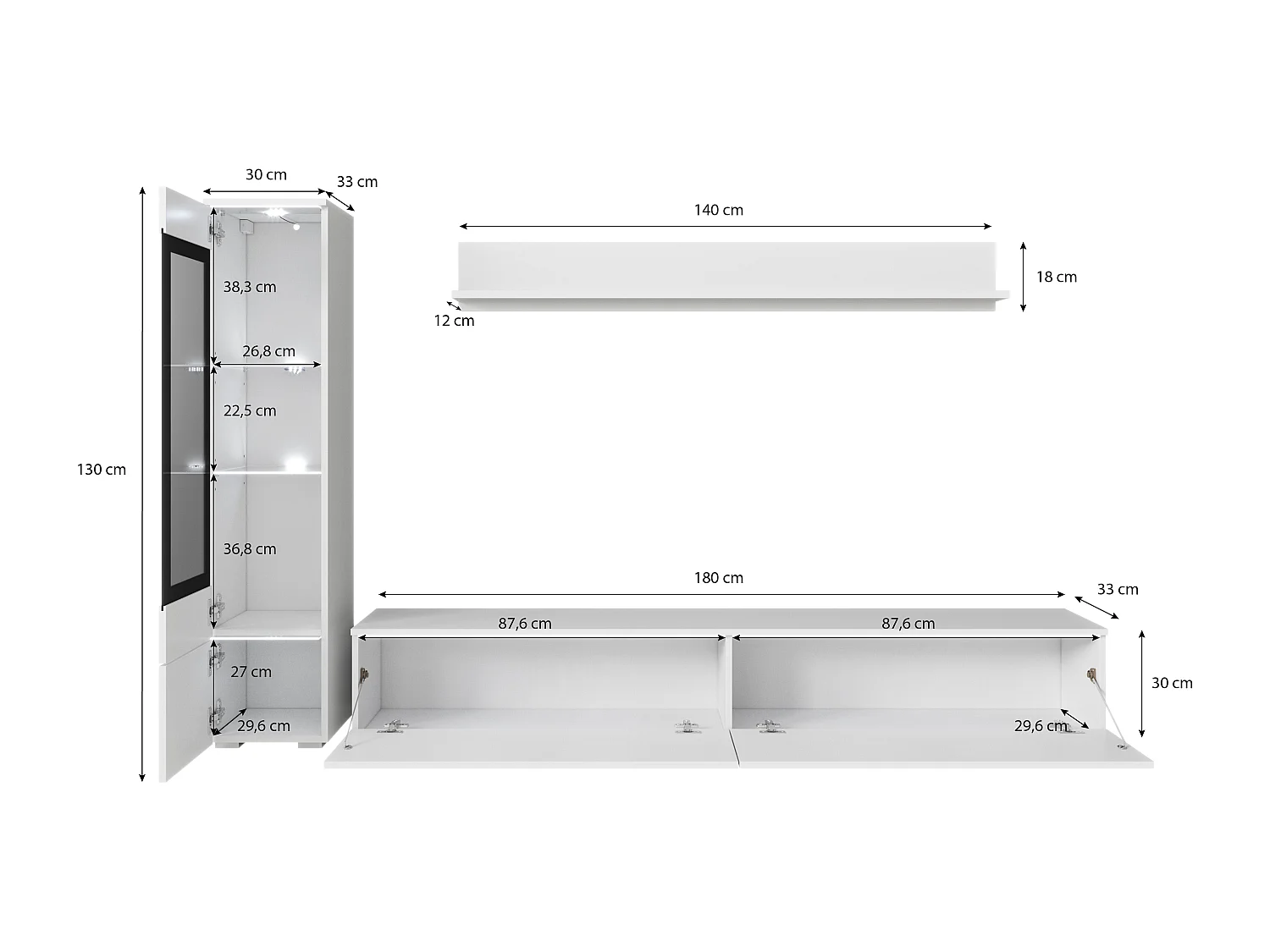 Ensemble moderne de meubles de salon 3 éléments – meuble TV 180 cm, vitrine et étagère, corps chêne Wotan mat, façades noir brillant, autoportant ou suspendu
