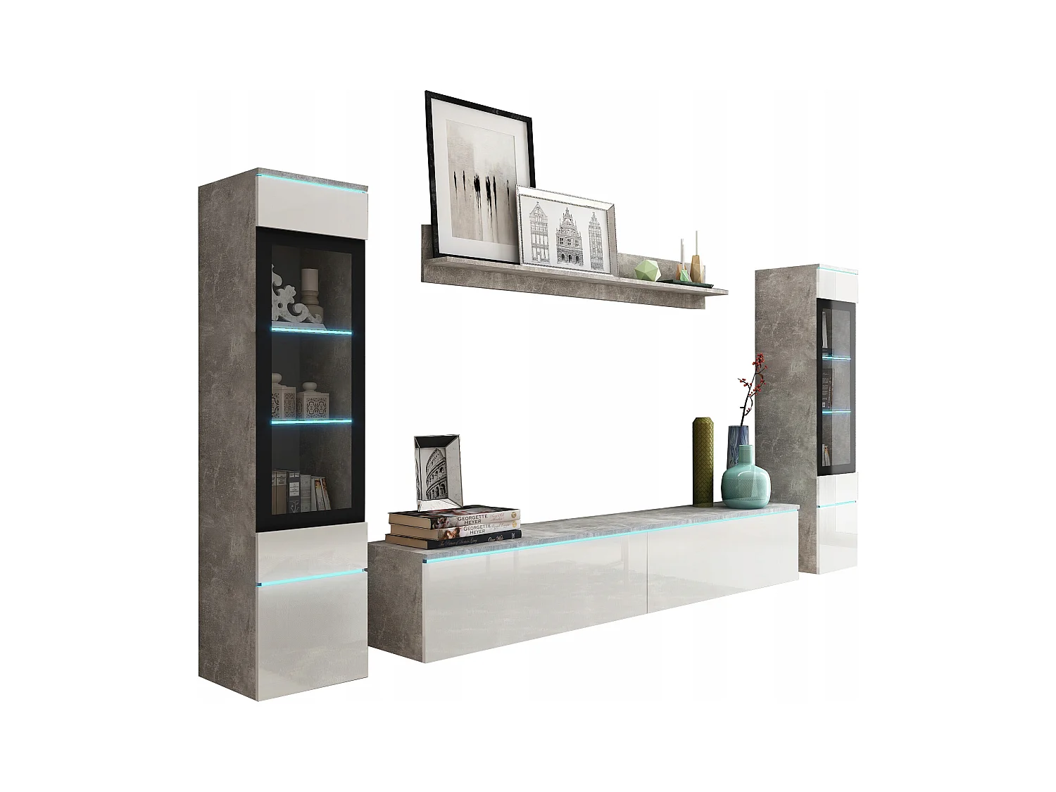 Conjunto moderno de móveis de sala 4 peças, móvel de TV 180 cm, 2 vitrinas e prateleira, corpo betão mate, frentes branco brilho, de pé ou suspenso