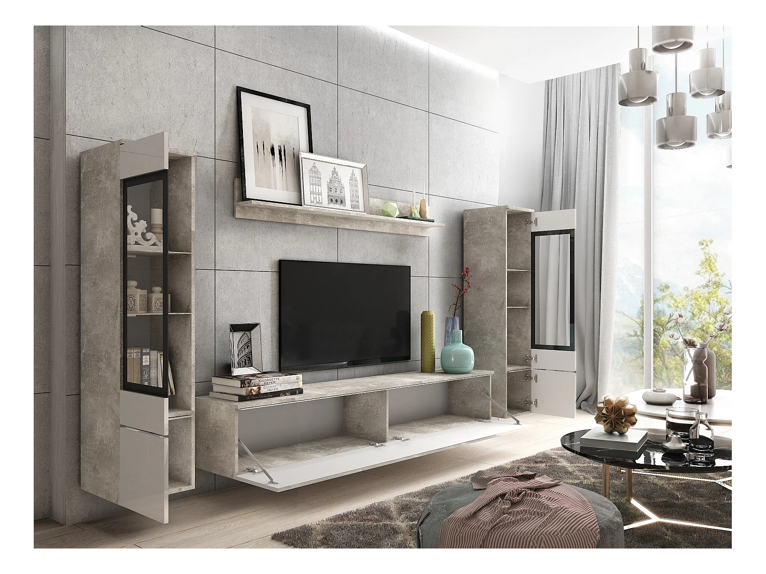 Conjunto moderno de móveis de sala 4 peças, móvel de TV 180 cm, 2 vitrinas e prateleira, corpo betão mate, frentes branco brilho, de pé ou suspenso