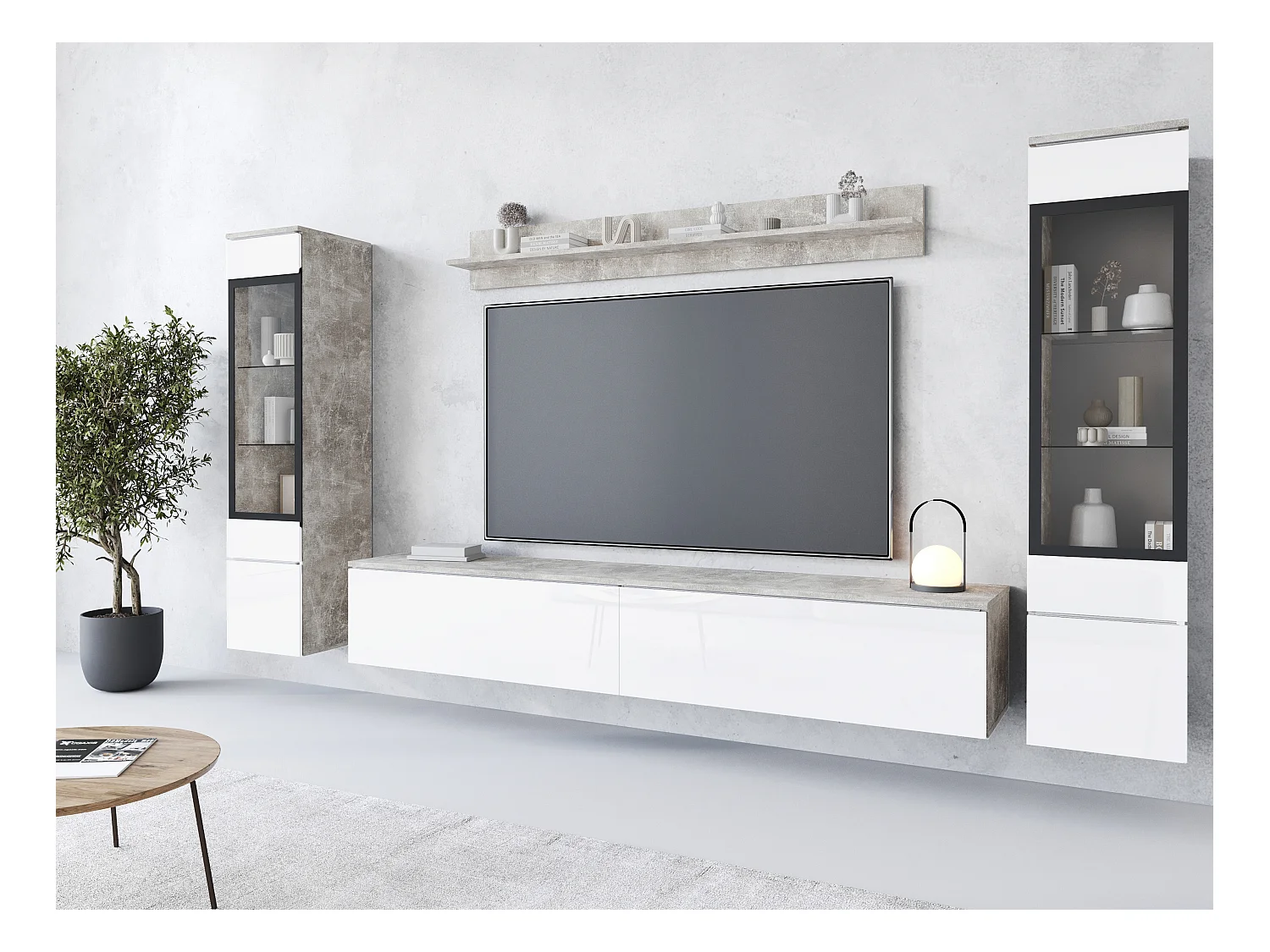 Ensemble moderne de meubles de salon 4 éléments, meuble TV 180 cm, 2 vitrines et étagère, corps béton mat, façades blanc brillant, autoportant ou suspendu