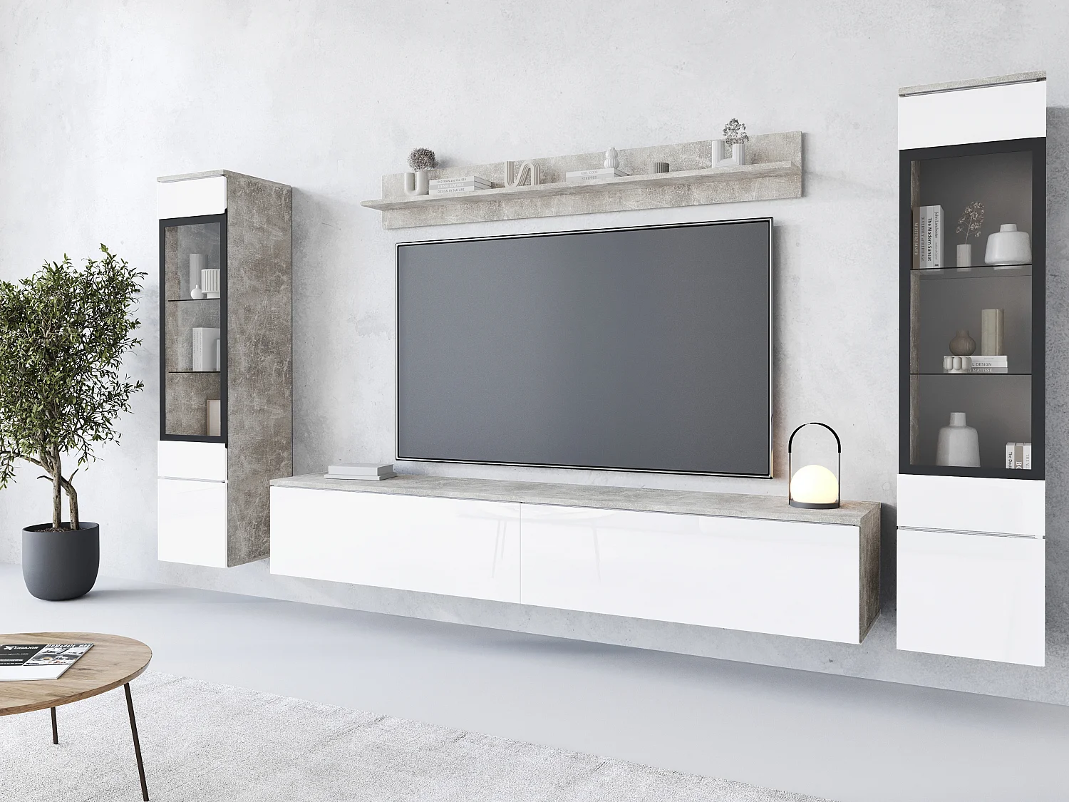 Ensemble moderne de meubles de salon 4 éléments, meuble TV 180 cm, 2 vitrines et étagère, corps béton mat, façades blanc brillant, autoportant ou suspendu