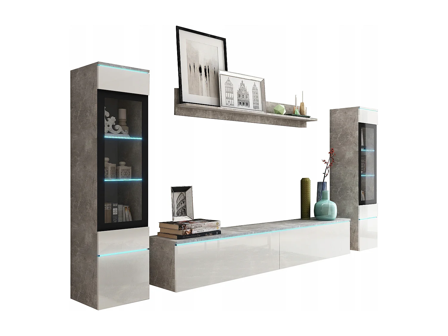 Ensemble moderne de meubles de salon 4 éléments, meuble TV 180 cm, 2 vitrines et étagère, corps béton mat, façades blanc brillant, autoportant ou suspendu