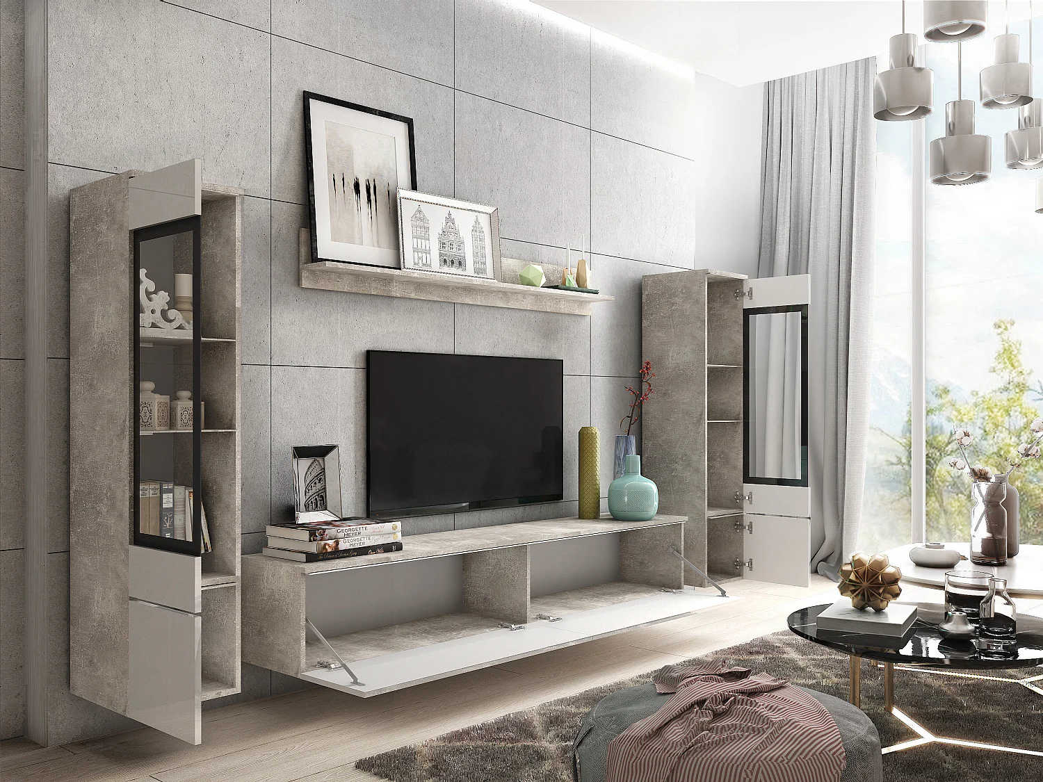Ensemble moderne de meubles de salon 4 éléments, meuble TV 180 cm, 2 vitrines et étagère, corps béton mat, façades blanc brillant, autoportant ou suspendu