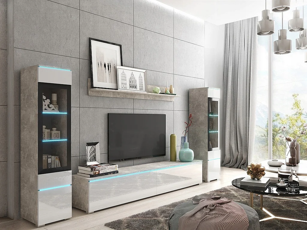 Ensemble moderne de meubles de salon 4 éléments, meuble TV 180 cm, 2 vitrines et étagère, corps béton mat, façades blanc brillant, autoportant ou suspendu