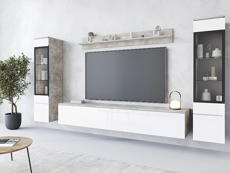 Ensemble moderne de meubles de salon 4 éléments, meuble TV 180 cm, 2 vitrines et étagère, corps béton mat, façades blanc brillant, autoportant ou suspendu
