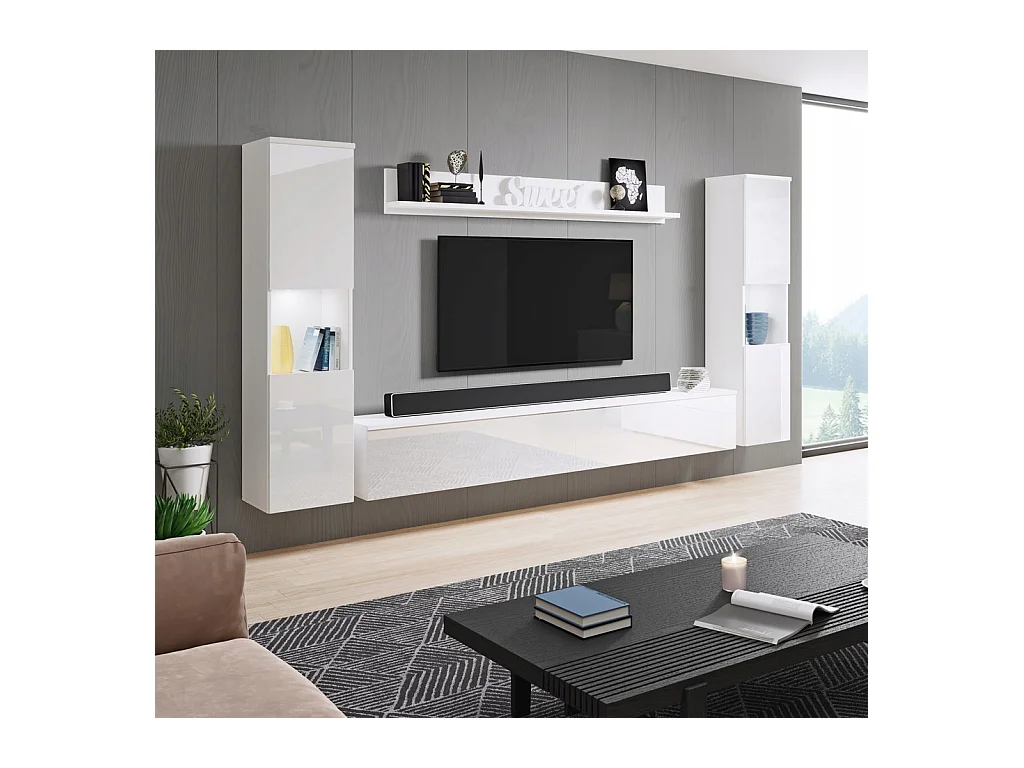 Mur TV moderne 4 pièces pour salon, structure blanc mat, façades blanc brillant, 2 colonnes et meuble TV 180 cm