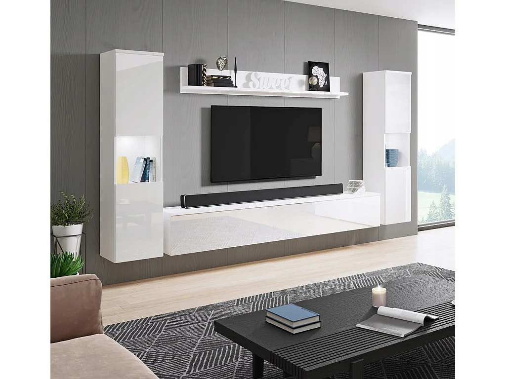 Mur TV moderne 4 pièces pour salon, structure blanc mat, façades blanc brillant, 2 colonnes et meuble TV 180 cm
