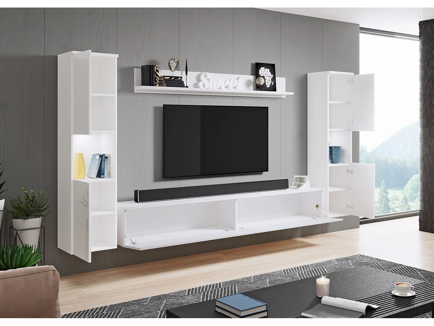 Mur TV moderne 4 pièces pour salon, structure blanc mat, façades blanc brillant, 2 colonnes et meuble TV 180 cm