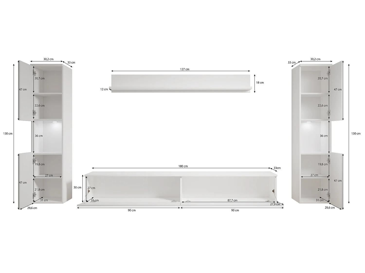 Mur TV moderne 4 pièces pour salon, structure blanc mat, façades blanc brillant, 2 colonnes et meuble TV 180 cm