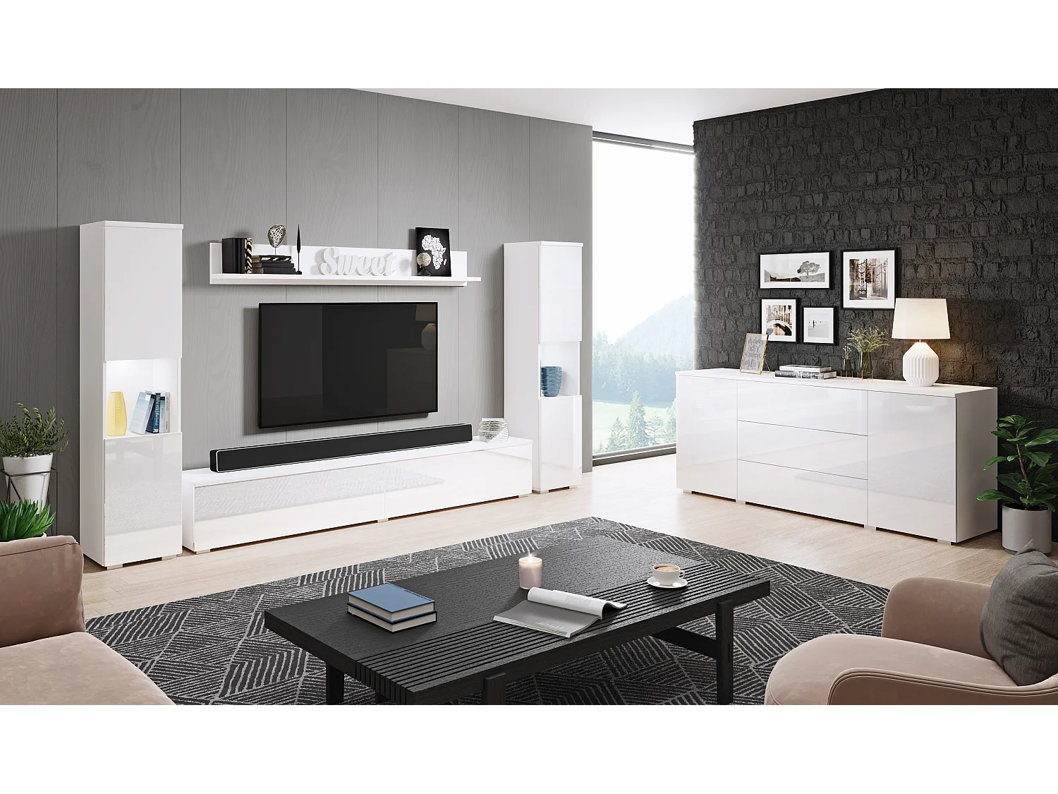 Mur TV moderne 4 pièces pour salon, structure blanc mat, façades blanc brillant, 2 colonnes et meuble TV 180 cm
