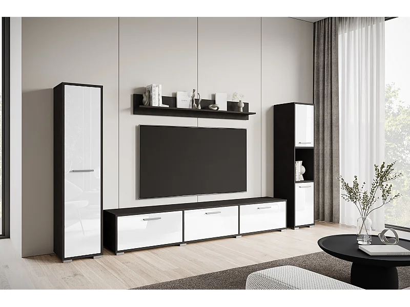 Conjunto de sala moderno – conjunto suspenso e de chão, móvel TV 180 cm, 2 colunas, prateleira, corpo Matera mate frentes branco brilho