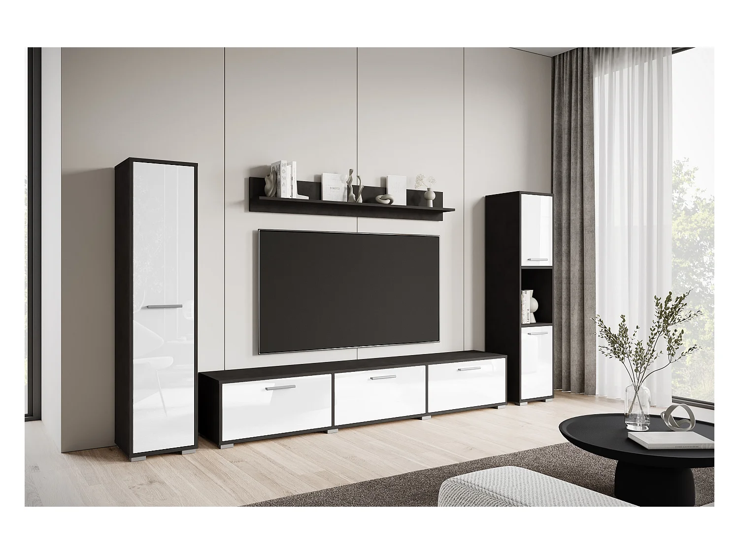 Moderne woonwand – hangend/staand, tv-meubel 180 cm, 2 kolomkasten, wandplank, corpus Matera mat fronten wit hoogglans