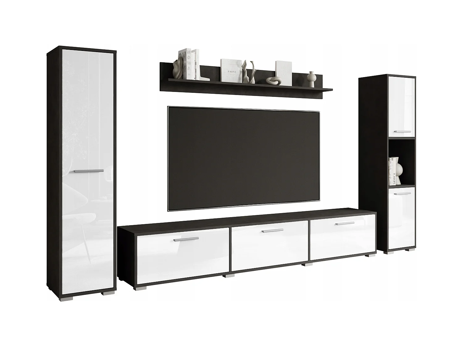 Moderne woonwand – hangend/staand, tv-meubel 180 cm, 2 kolomkasten, wandplank, corpus Matera mat fronten wit hoogglans