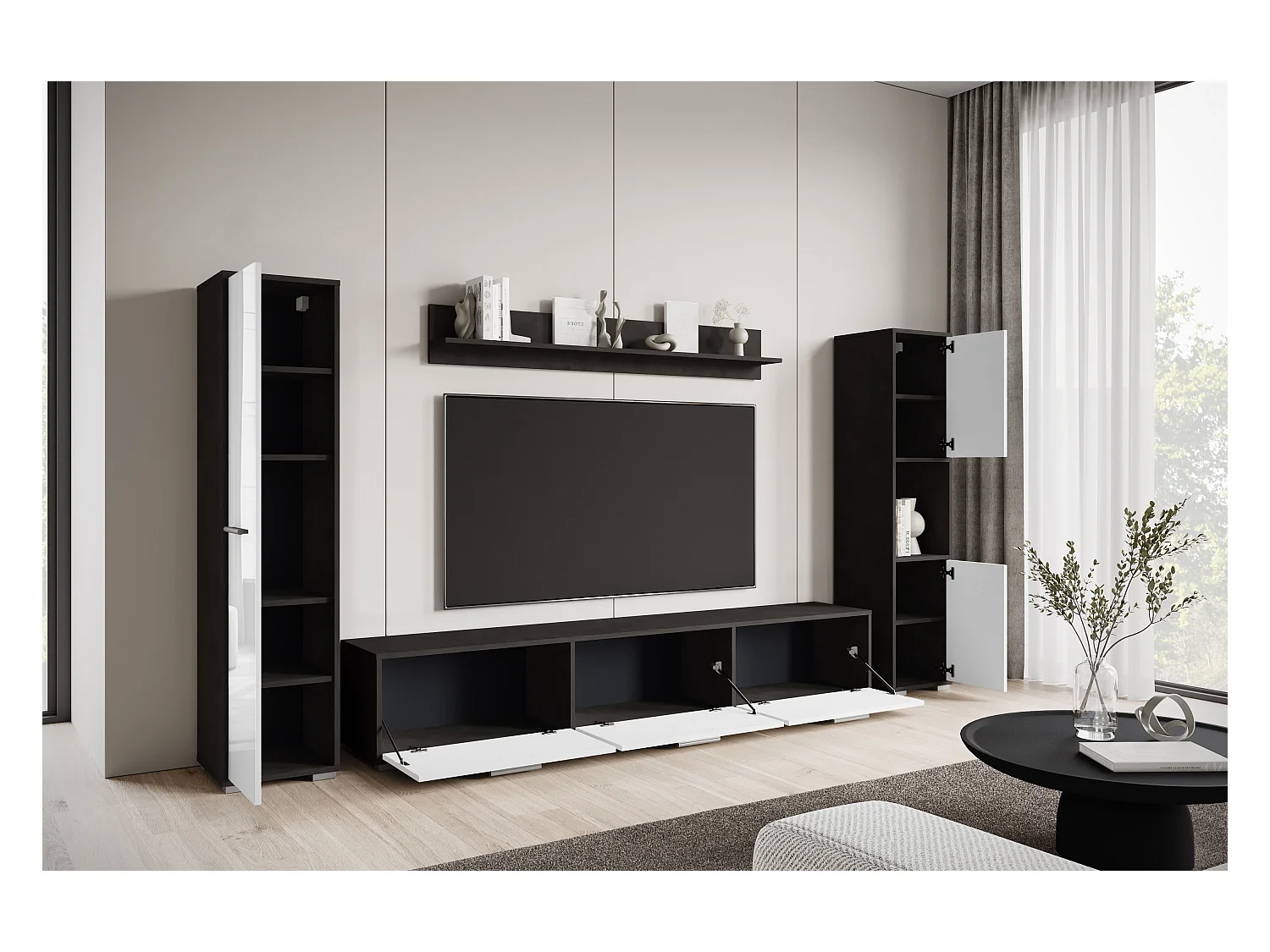 Moderne woonwand – hangend/staand, tv-meubel 180 cm, 2 kolomkasten, wandplank, corpus Matera mat fronten wit hoogglans