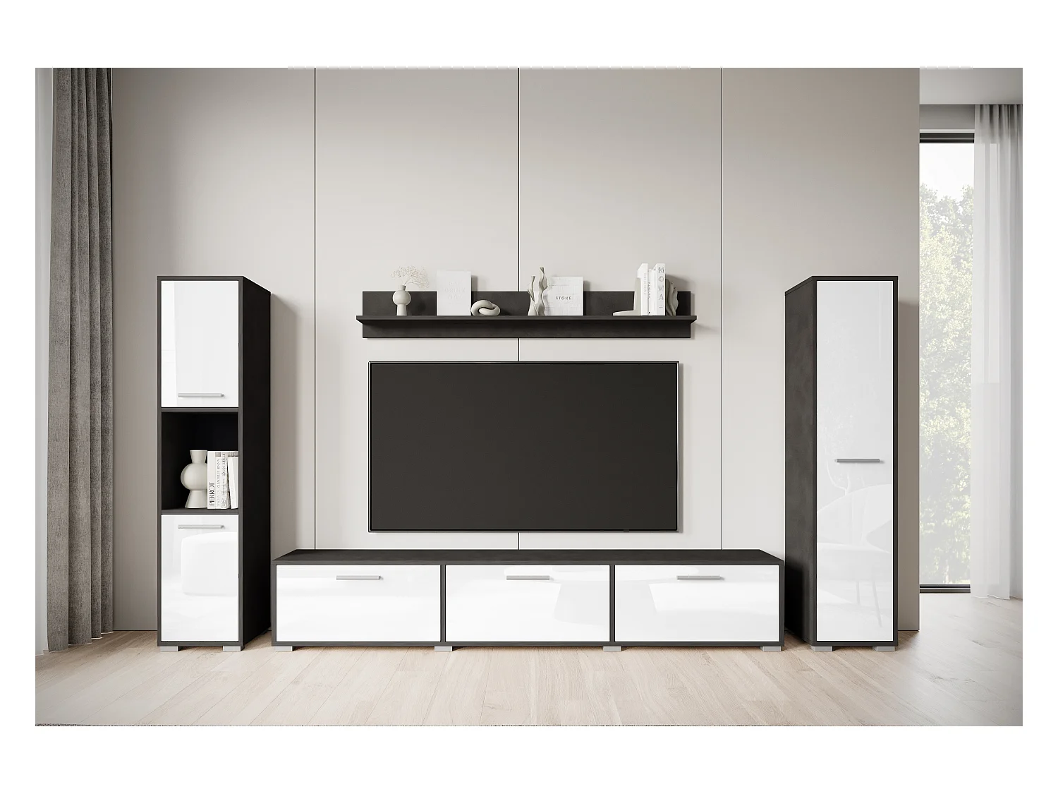 Moderne woonwand – hangend/staand, tv-meubel 180 cm, 2 kolomkasten, wandplank, corpus Matera mat fronten wit hoogglans