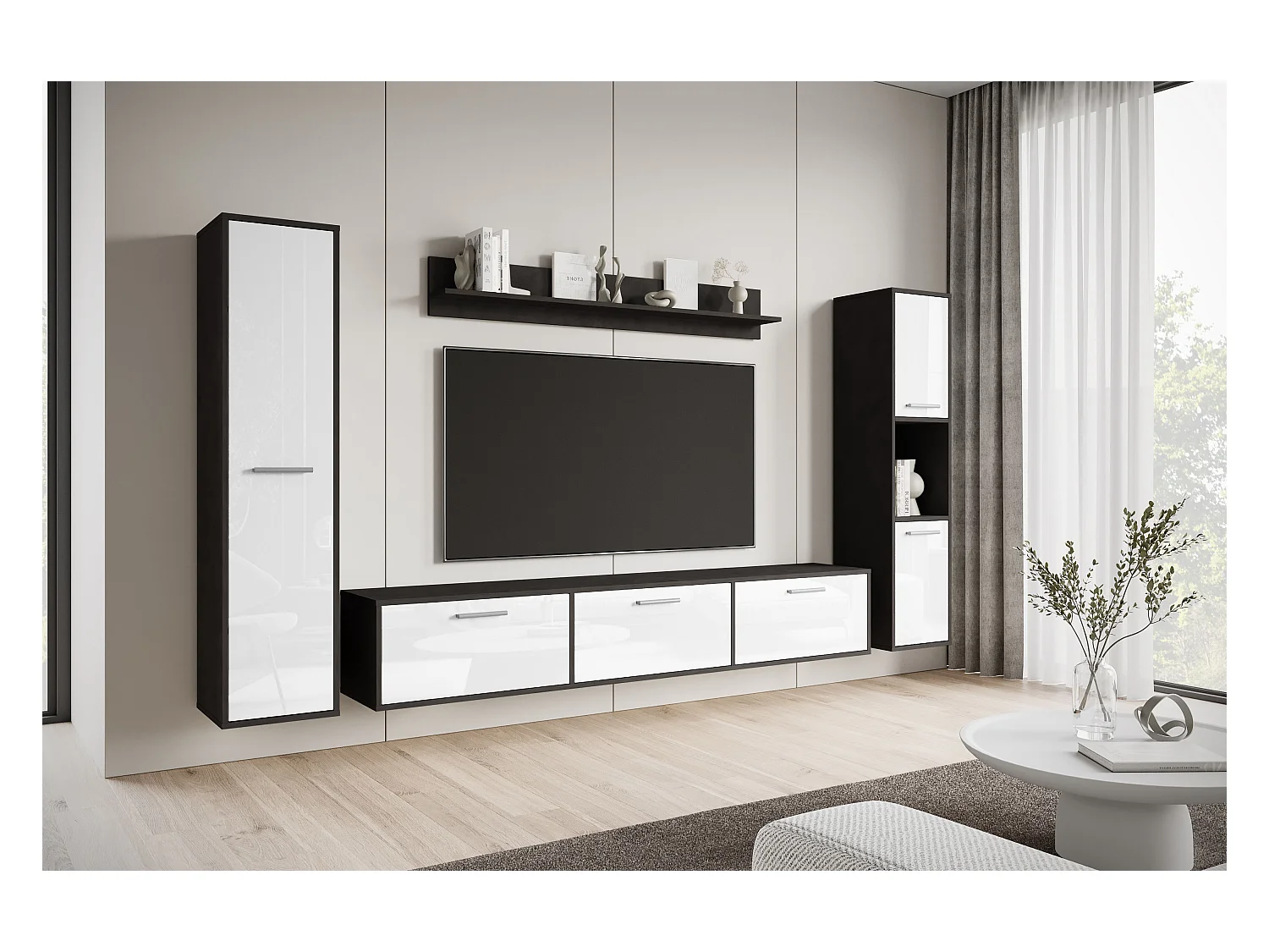 Moderne woonwand – hangend/staand, tv-meubel 180 cm, 2 kolomkasten, wandplank, corpus Matera mat fronten wit hoogglans