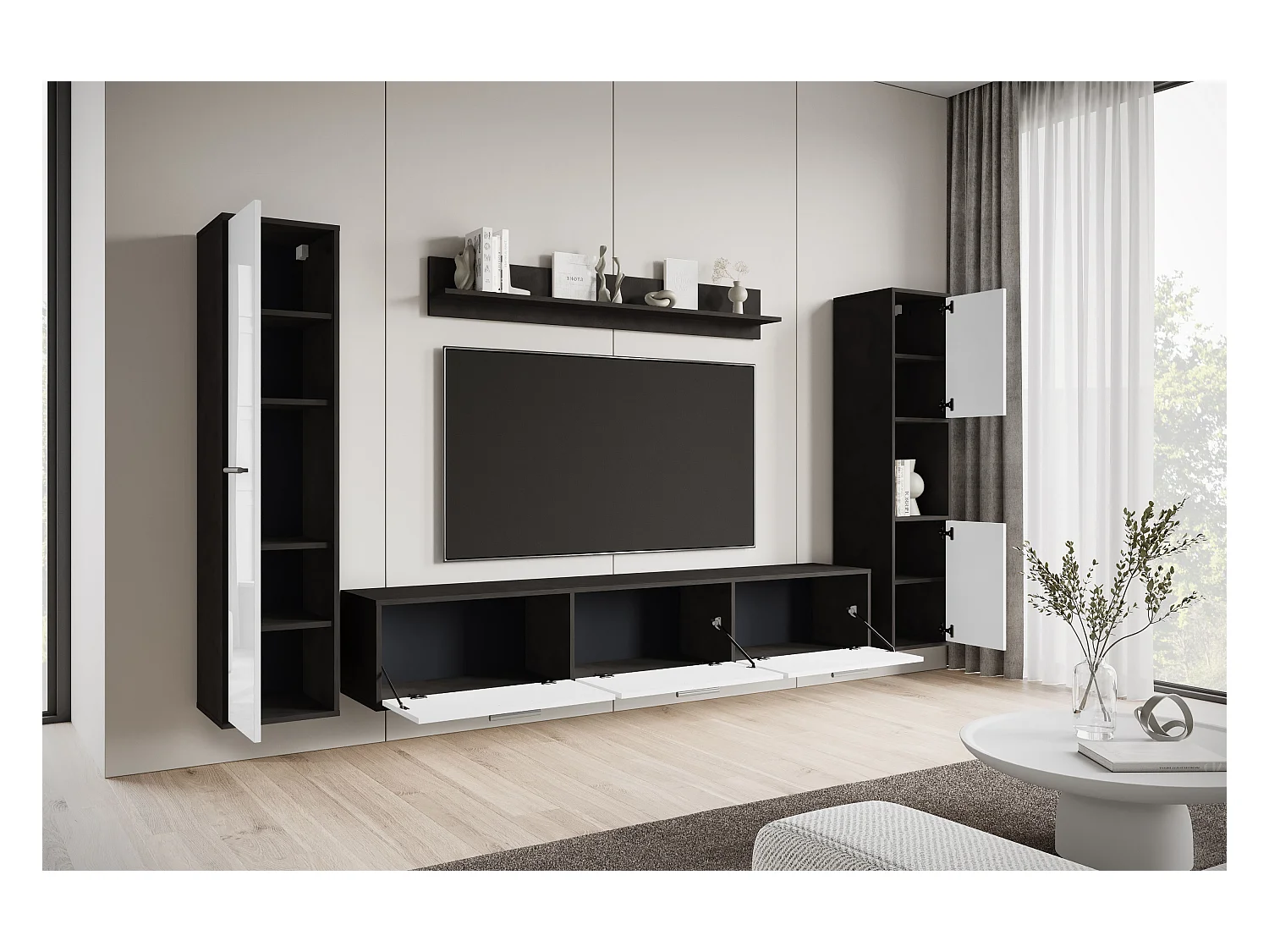 Moderne woonwand – hangend/staand, tv-meubel 180 cm, 2 kolomkasten, wandplank, corpus Matera mat fronten wit hoogglans