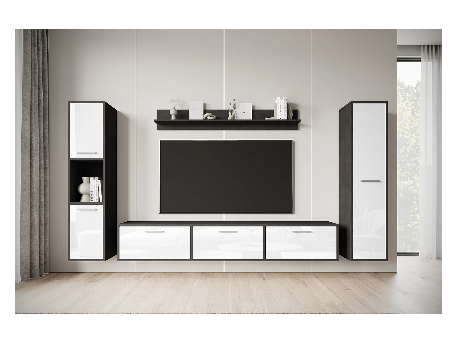 Moderne woonwand – hangend/staand, tv-meubel 180 cm, 2 kolomkasten, wandplank, corpus Matera mat fronten wit hoogglans