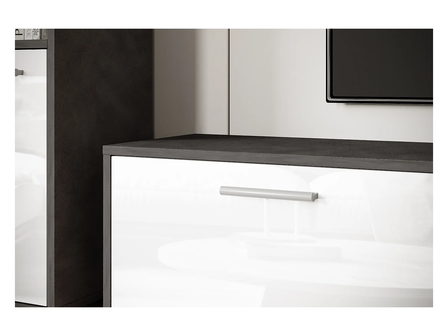 Moderne woonwand – hangend/staand, tv-meubel 180 cm, 2 kolomkasten, wandplank, corpus Matera mat fronten wit hoogglans