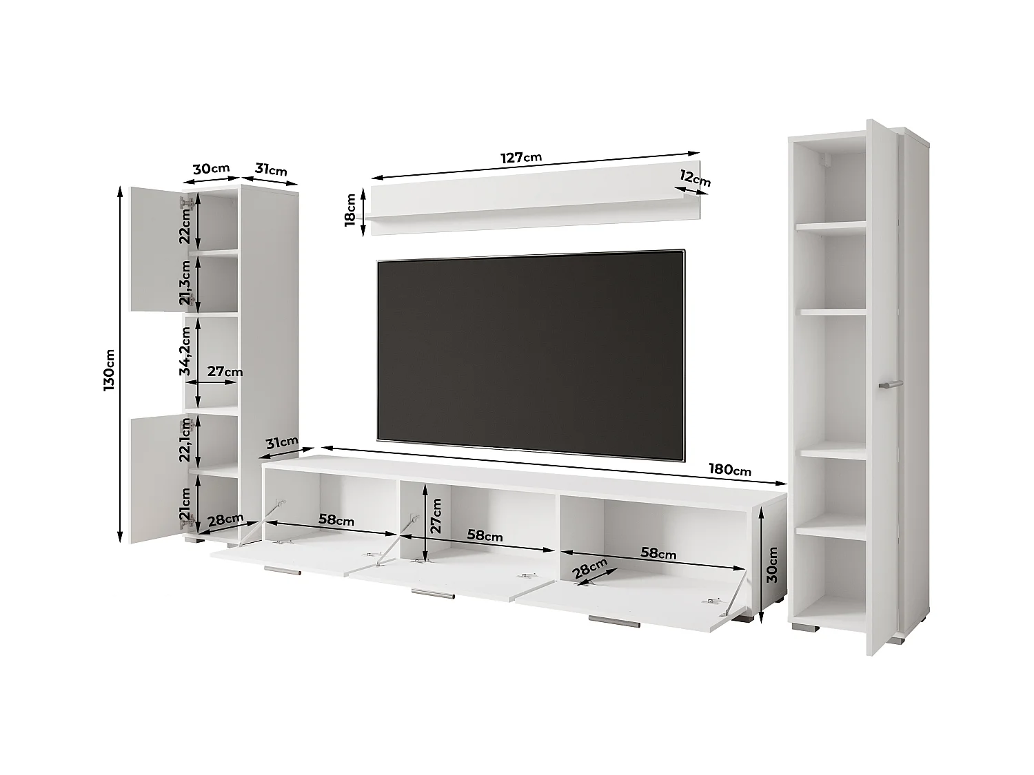 Ensemble mural moderne – set suspendu/posé, meuble TV 180 cm, 2 colonnes, étagère, corps Matera mat façades blanc brillant