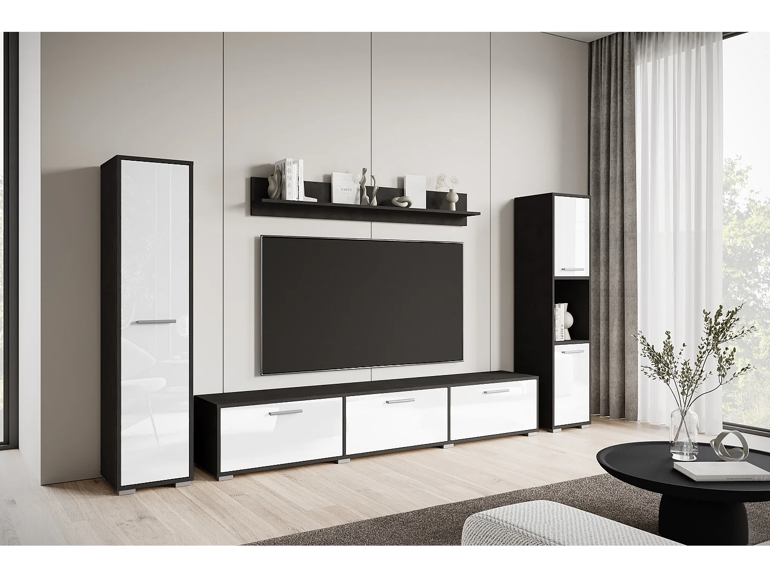 Ensemble mural moderne – set suspendu/posé, meuble TV 180 cm, 2 colonnes, étagère, corps Matera mat façades blanc brillant