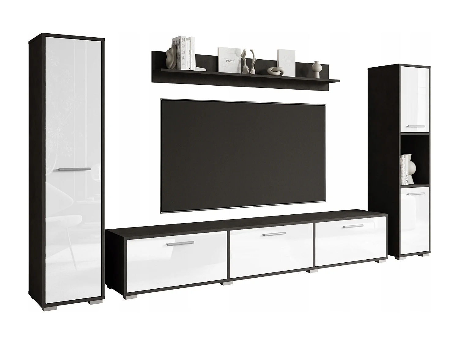 Ensemble mural moderne – set suspendu/posé, meuble TV 180 cm, 2 colonnes, étagère, corps Matera mat façades blanc brillant