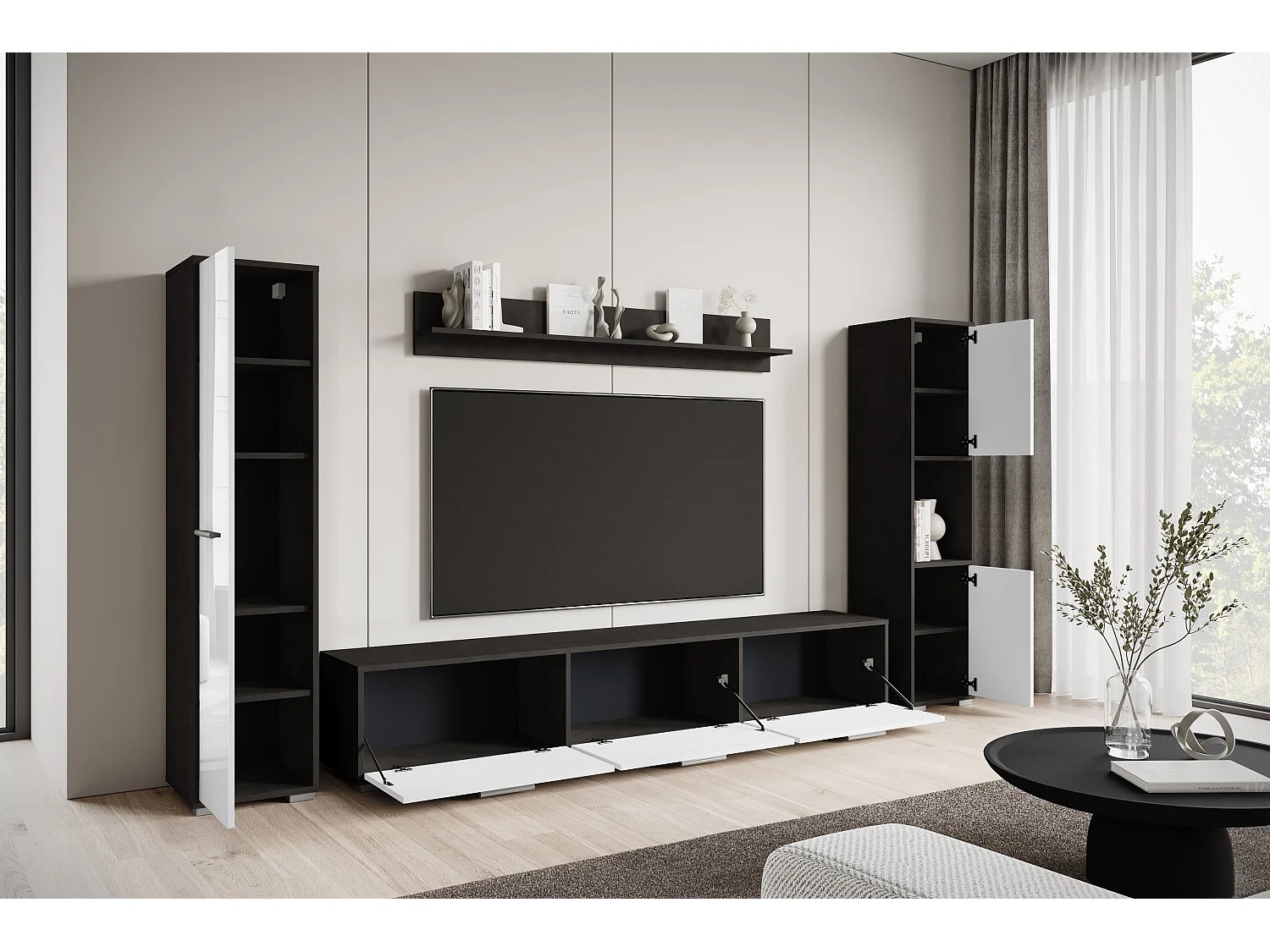 Ensemble mural moderne – set suspendu/posé, meuble TV 180 cm, 2 colonnes, étagère, corps Matera mat façades blanc brillant