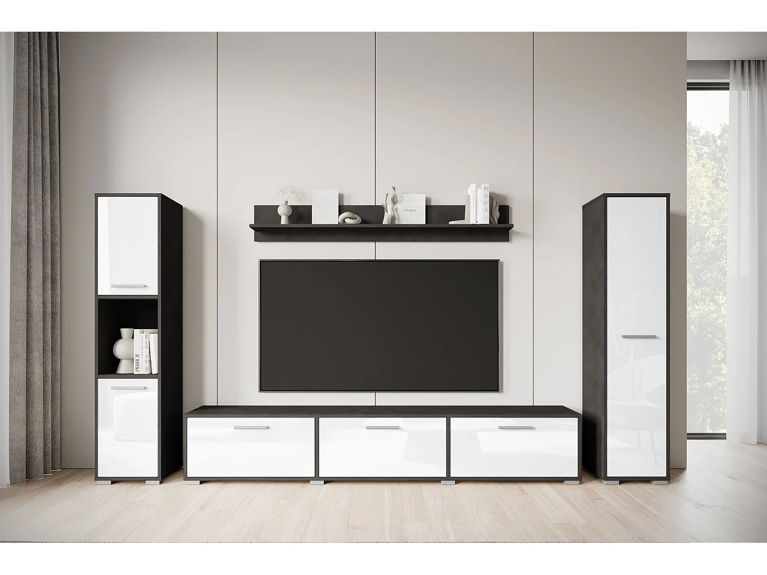 Ensemble mural moderne – set suspendu/posé, meuble TV 180 cm, 2 colonnes, étagère, corps Matera mat façades blanc brillant