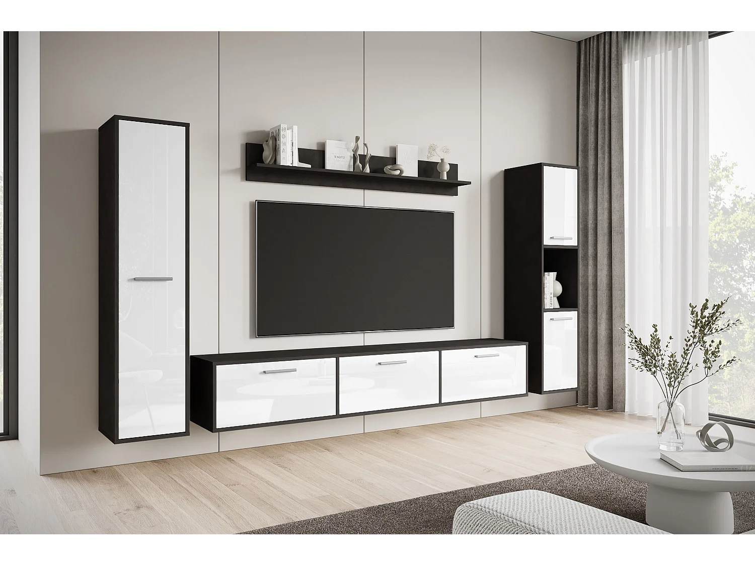 Ensemble mural moderne – set suspendu/posé, meuble TV 180 cm, 2 colonnes, étagère, corps Matera mat façades blanc brillant