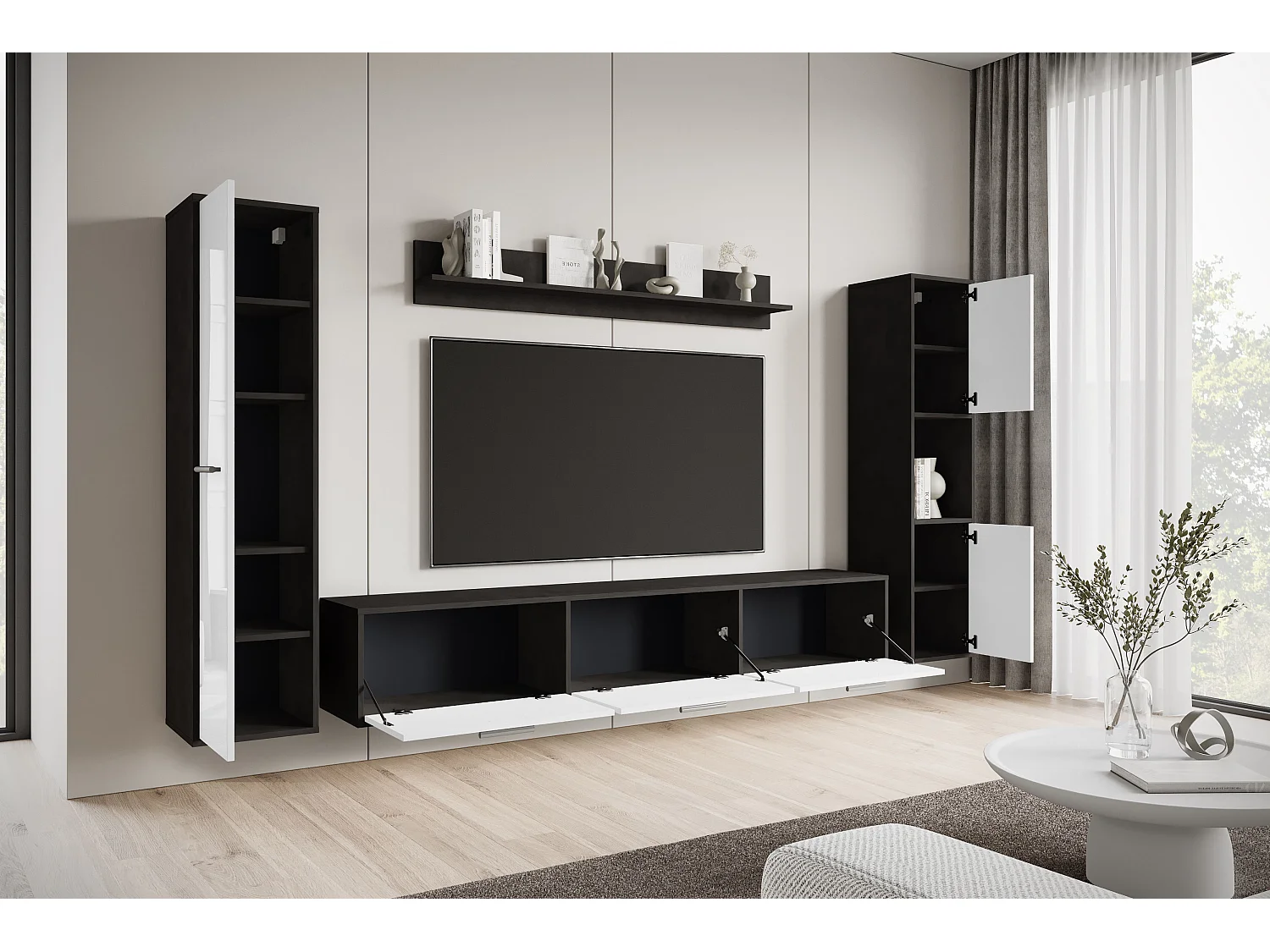 Ensemble mural moderne – set suspendu/posé, meuble TV 180 cm, 2 colonnes, étagère, corps Matera mat façades blanc brillant