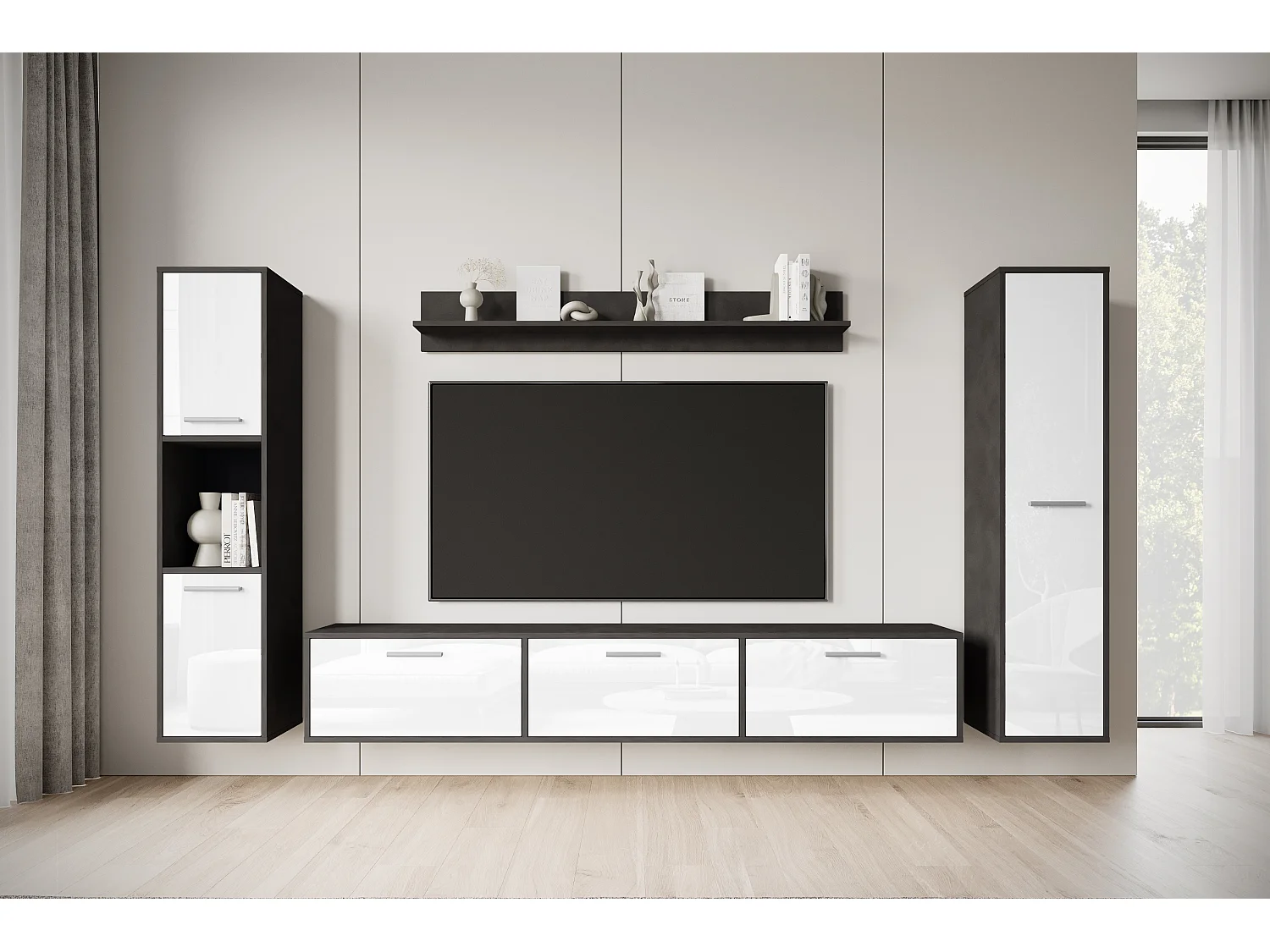 Ensemble mural moderne – set suspendu/posé, meuble TV 180 cm, 2 colonnes, étagère, corps Matera mat façades blanc brillant