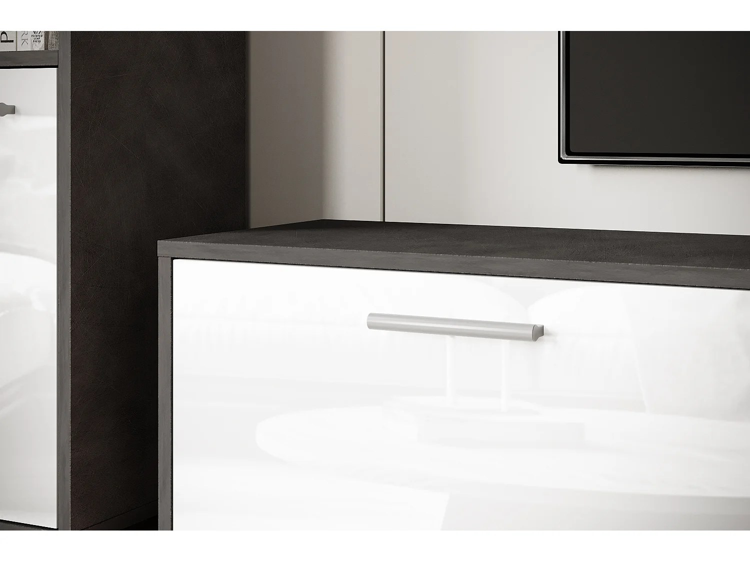 Ensemble mural moderne – set suspendu/posé, meuble TV 180 cm, 2 colonnes, étagère, corps Matera mat façades blanc brillant