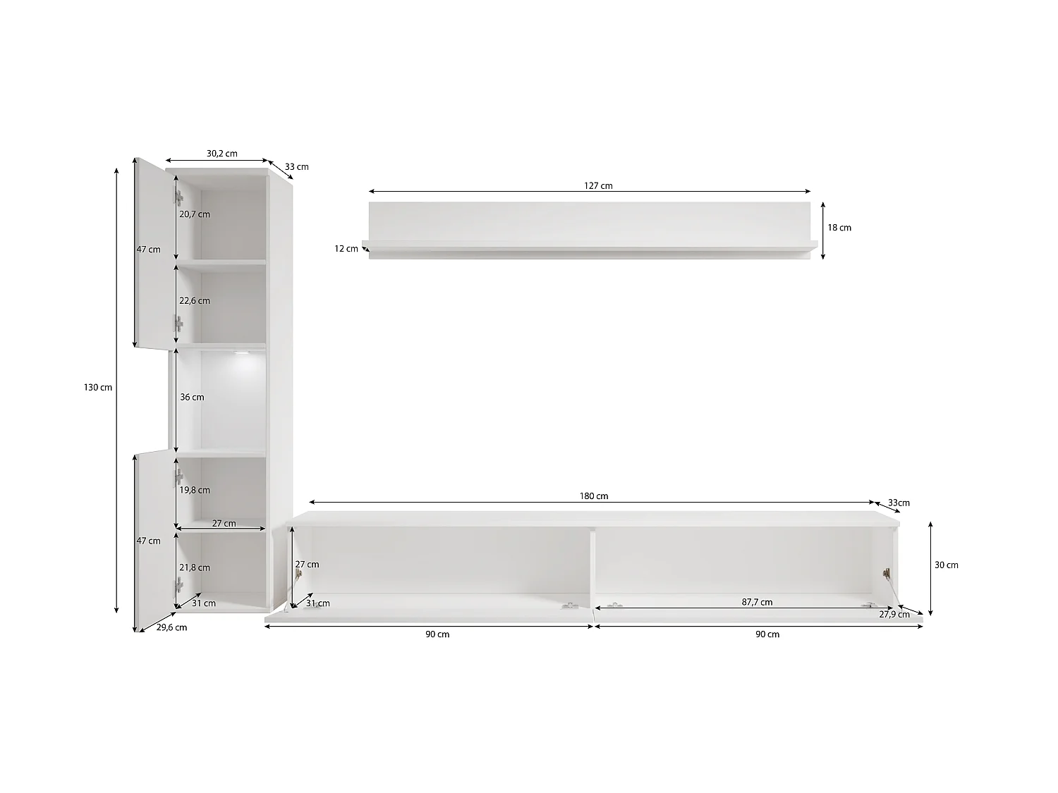 Conjunto moderno de sala 3 peças, corpo branco mate, frentes branco brilho, coluna e móvel de TV 180 cm