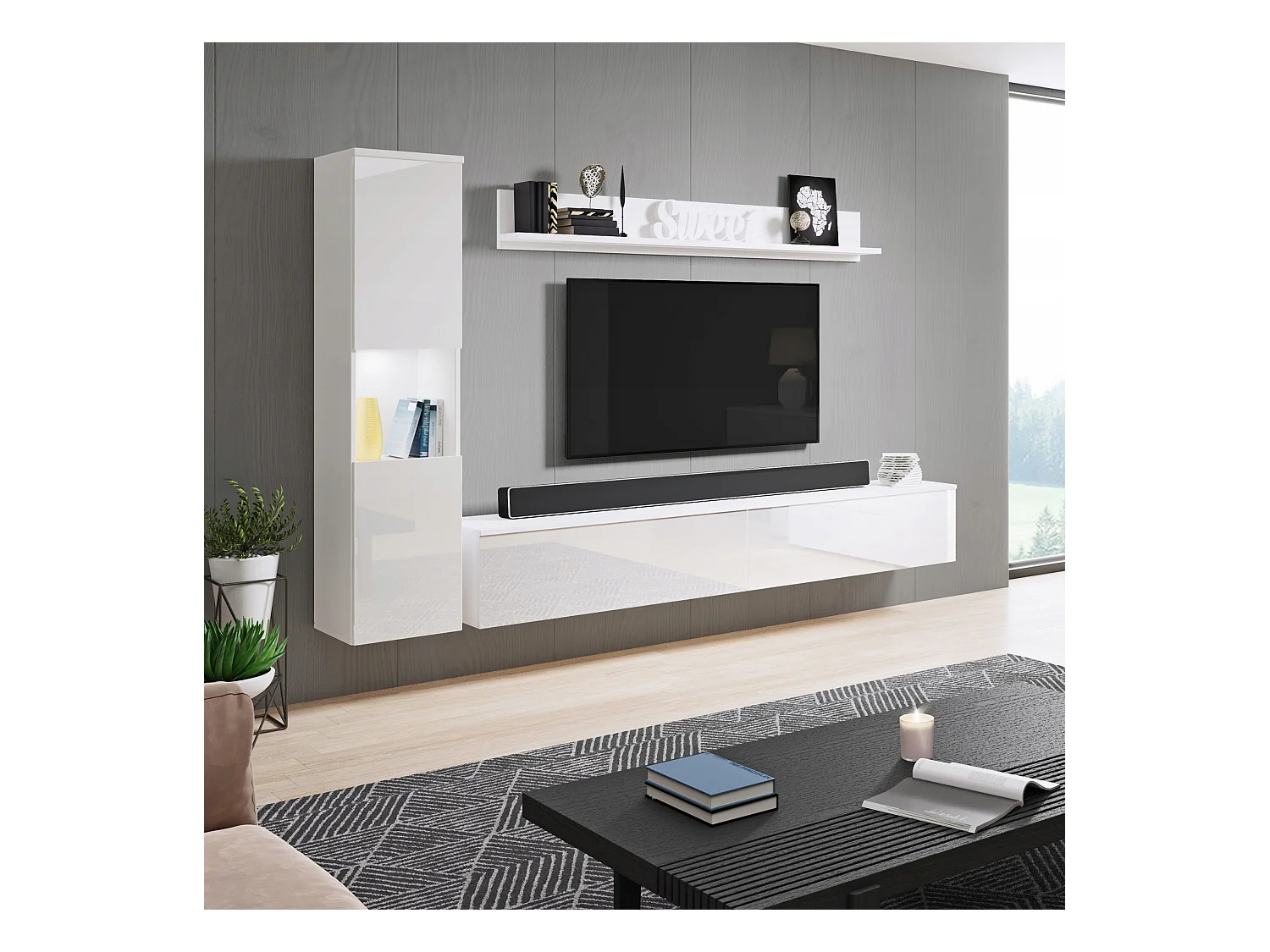 Meuble mural moderne 3 pièces pour salon, structure blanc mat, façades blanc brillant, colonne et meuble TV 180 cm