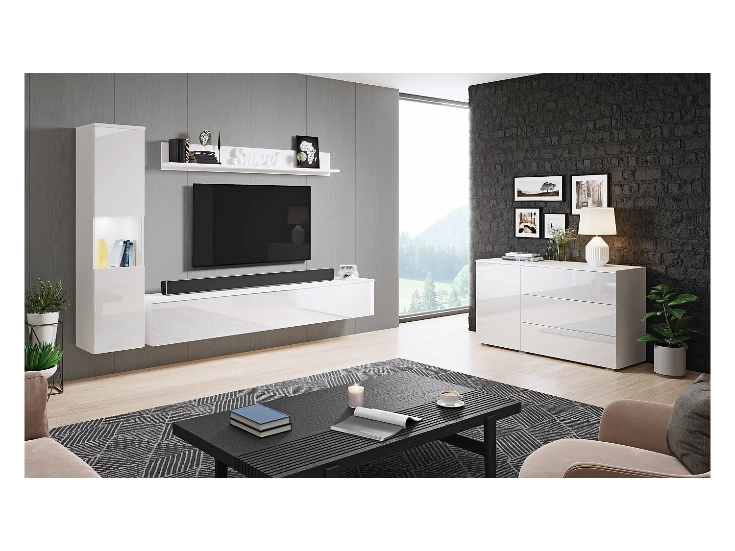 Moderne woonkamerset 3-delig, corpus wit mat, fronten wit hoogglans, kolomkast en tv-meubel 180 cm