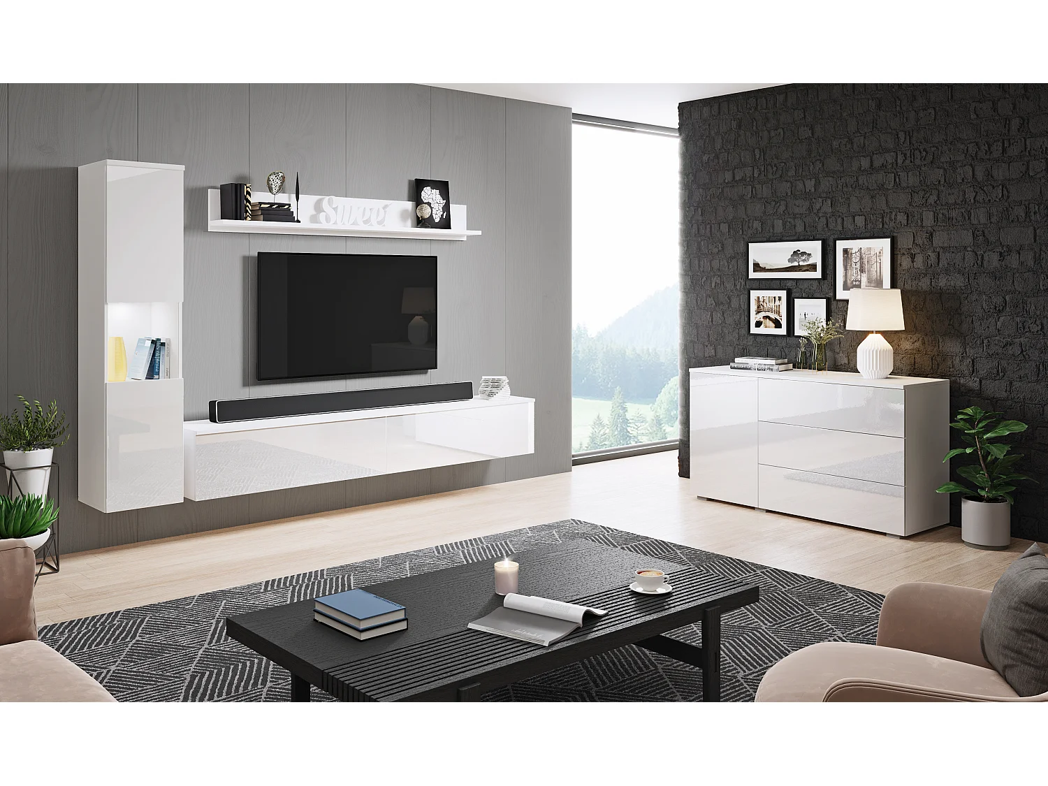 Moderne woonkamerset 3-delig, corpus wit mat, fronten wit hoogglans, kolomkast en tv-meubel 180 cm