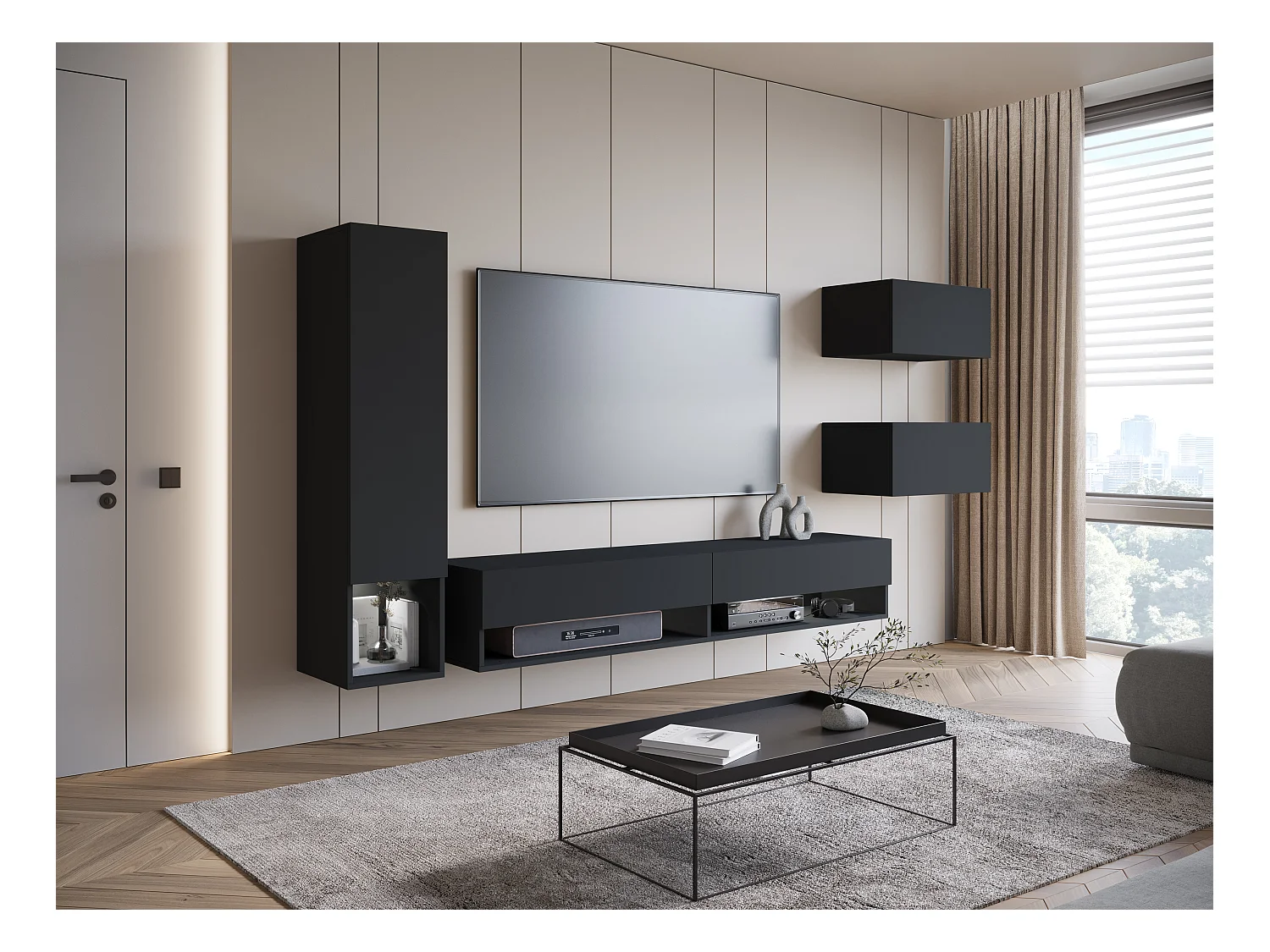 Meuble mural moderne 4 éléments – ensemble TV suspendu 180 cm avec colonne et rangements, graphite noir mat