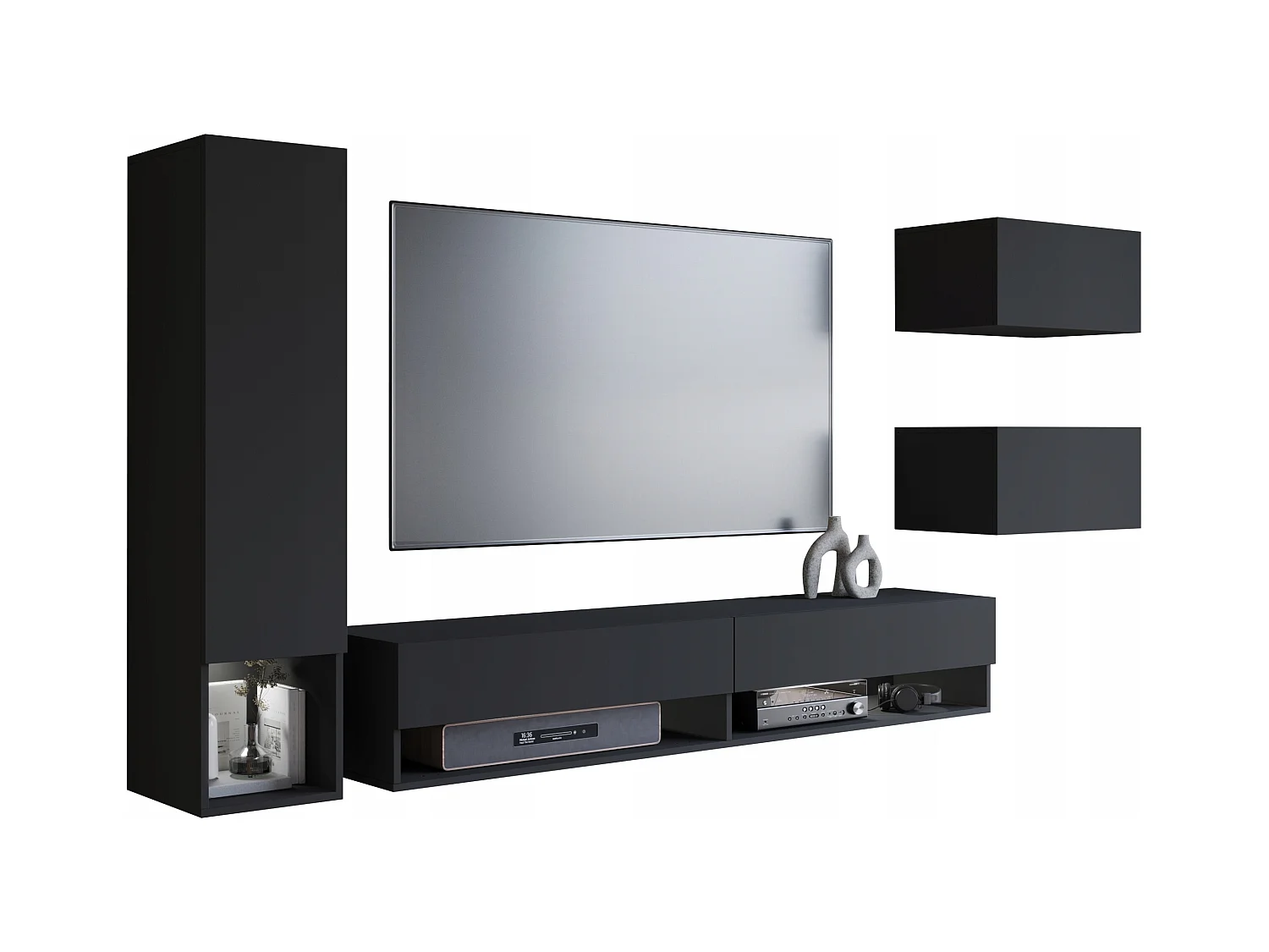 Moderne woonwand 4-delig – hangend TV-meubel 180 cm met kolom en kasten, zwart grafiet mat
