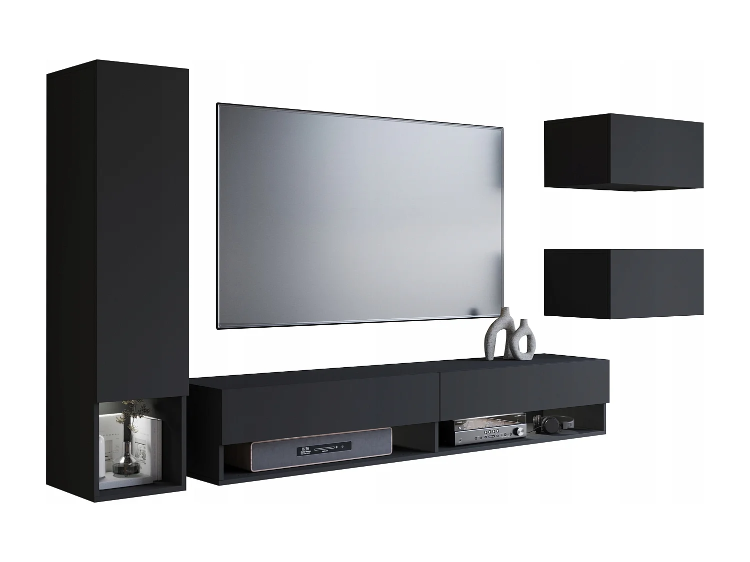 Meuble mural moderne 4 éléments – ensemble TV suspendu 180 cm avec colonne et rangements, graphite noir mat