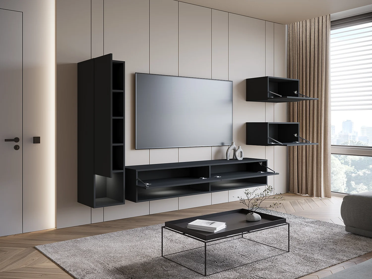 Meuble mural moderne 4 éléments – ensemble TV suspendu 180 cm avec colonne et rangements, graphite noir mat