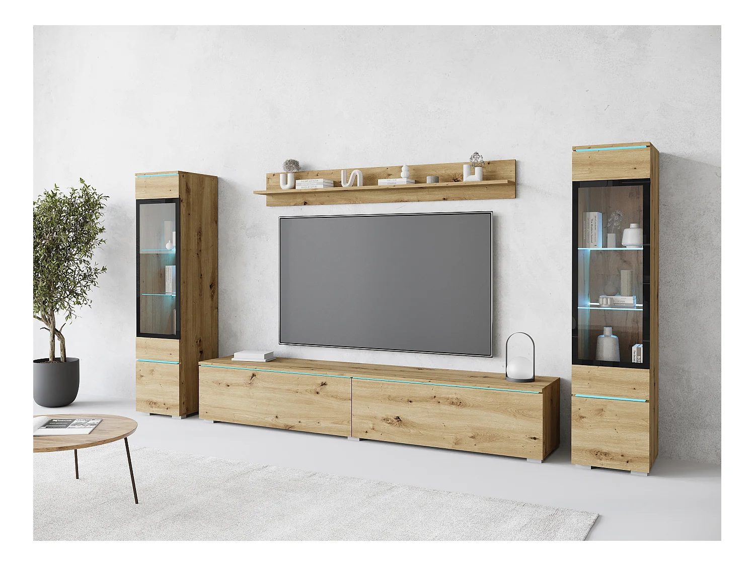 Ensemble moderne de meubles de salon 4 éléments – meuble TV 180 cm, 2 vitrines et étagère – mur TV chêne Artisan mat, autoportant ou suspendu