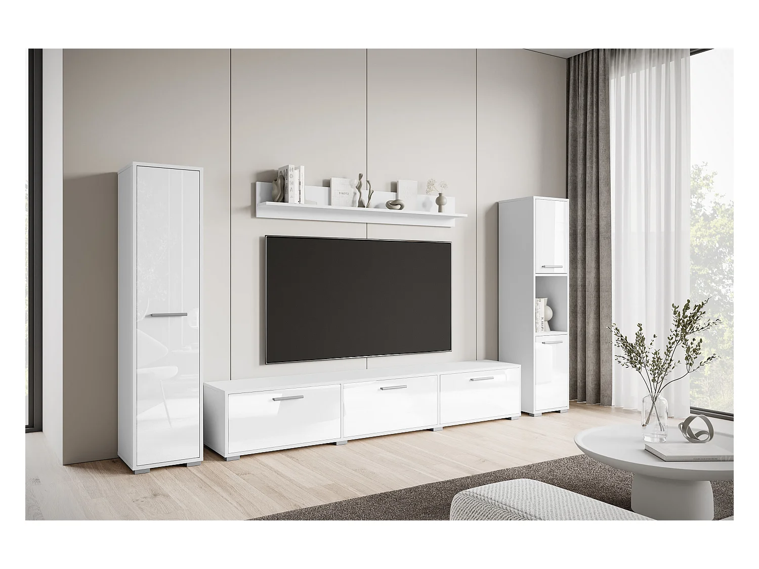 Mueble de salón moderno – conjunto suspendido y de suelo, mueble TV 180 cm, 2 columnas, estante, cuerpo blanco mate frentes blanco brillo
