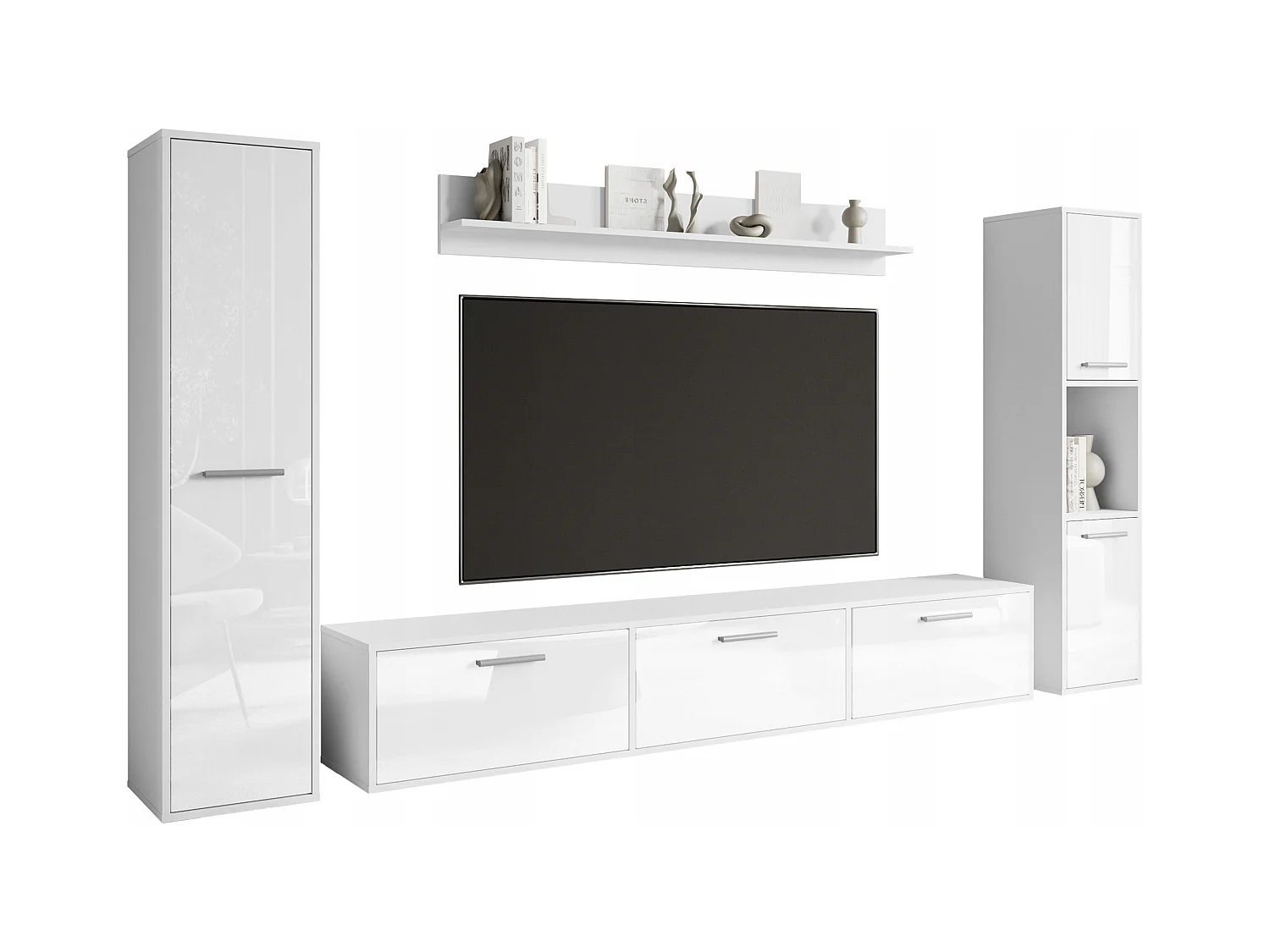 Mueble de salón moderno – conjunto suspendido y de suelo, mueble TV 180 cm, 2 columnas, estante, cuerpo blanco mate frentes blanco brillo