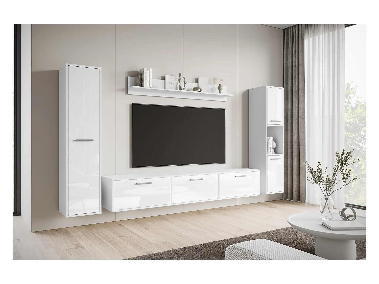 Mueble de salón moderno – conjunto suspendido y de suelo, mueble TV 180 cm, 2 columnas, estante, cuerpo blanco mate frentes blanco brillo