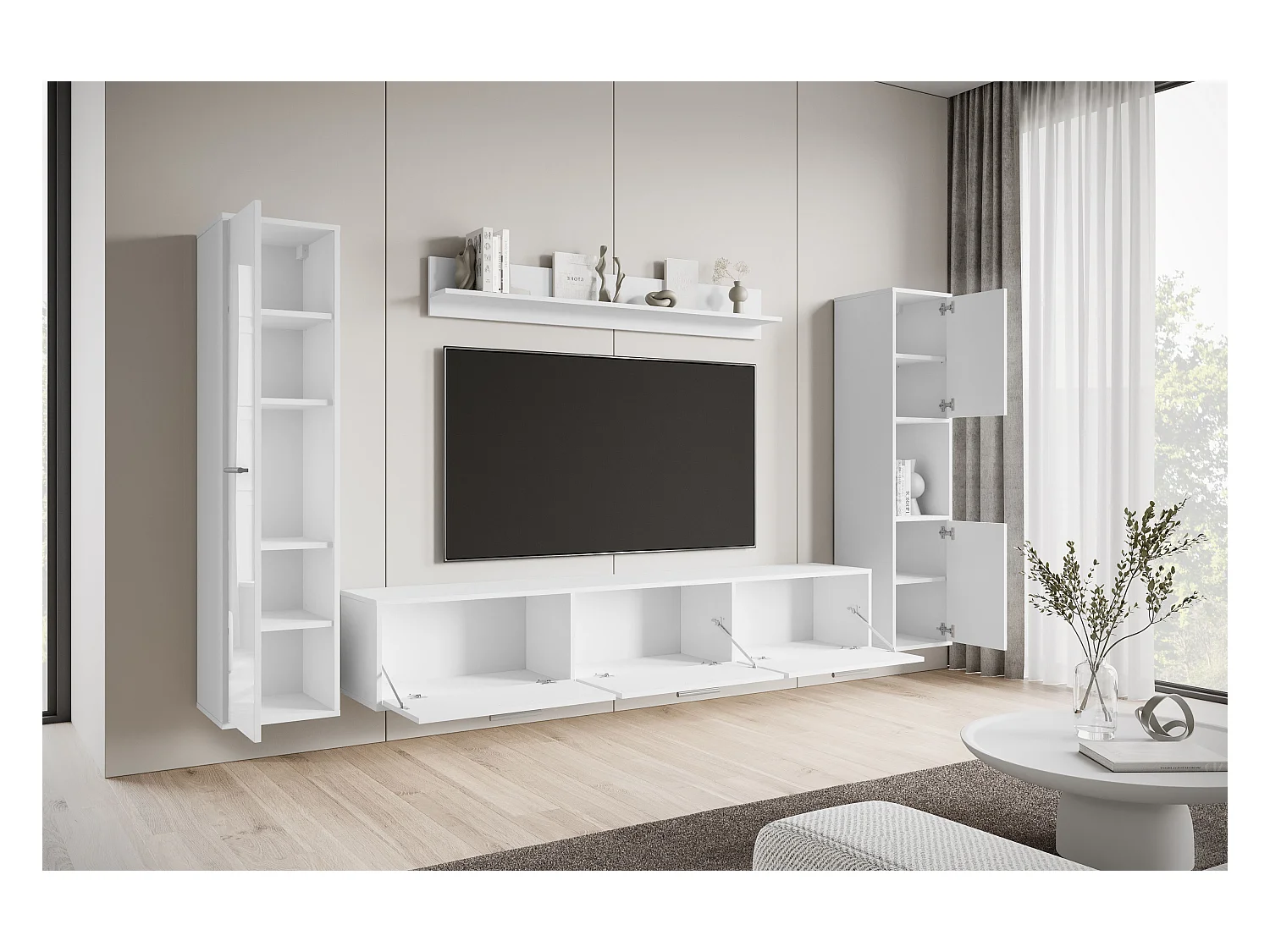 Mueble de salón moderno – conjunto suspendido y de suelo, mueble TV 180 cm, 2 columnas, estante, cuerpo blanco mate frentes blanco brillo