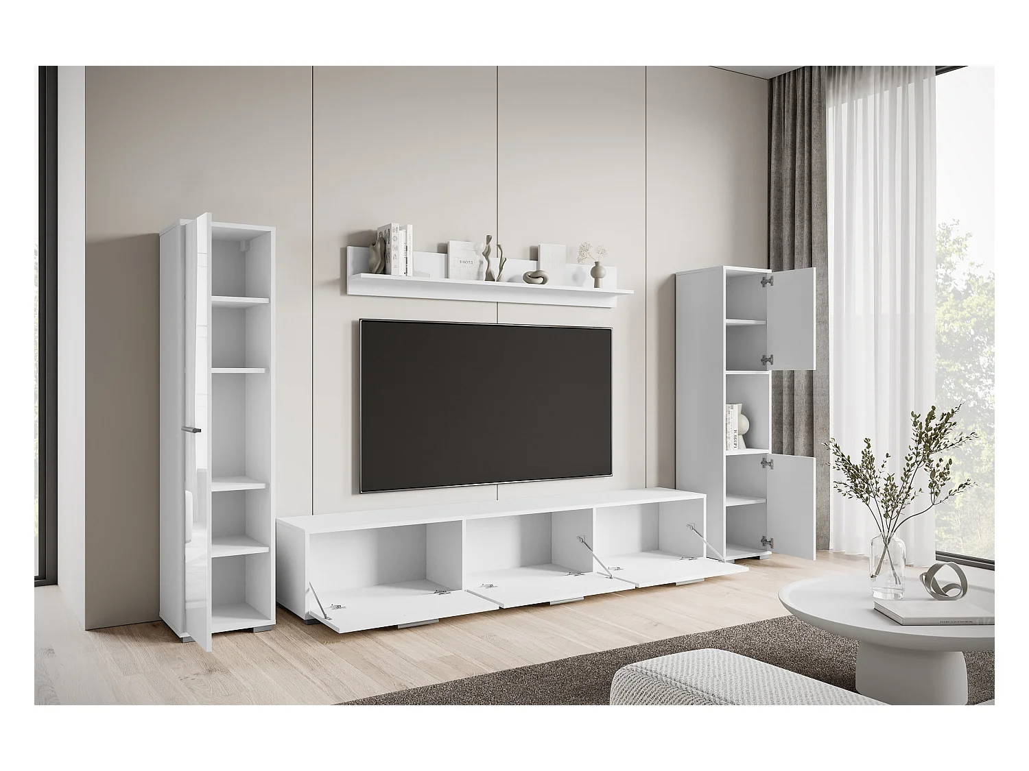 Moderne woonwand – hangend/staand, tv-meubel 180 cm, 2 kolomkasten, wandplank, corpus wit mat fronten wit hoogglans