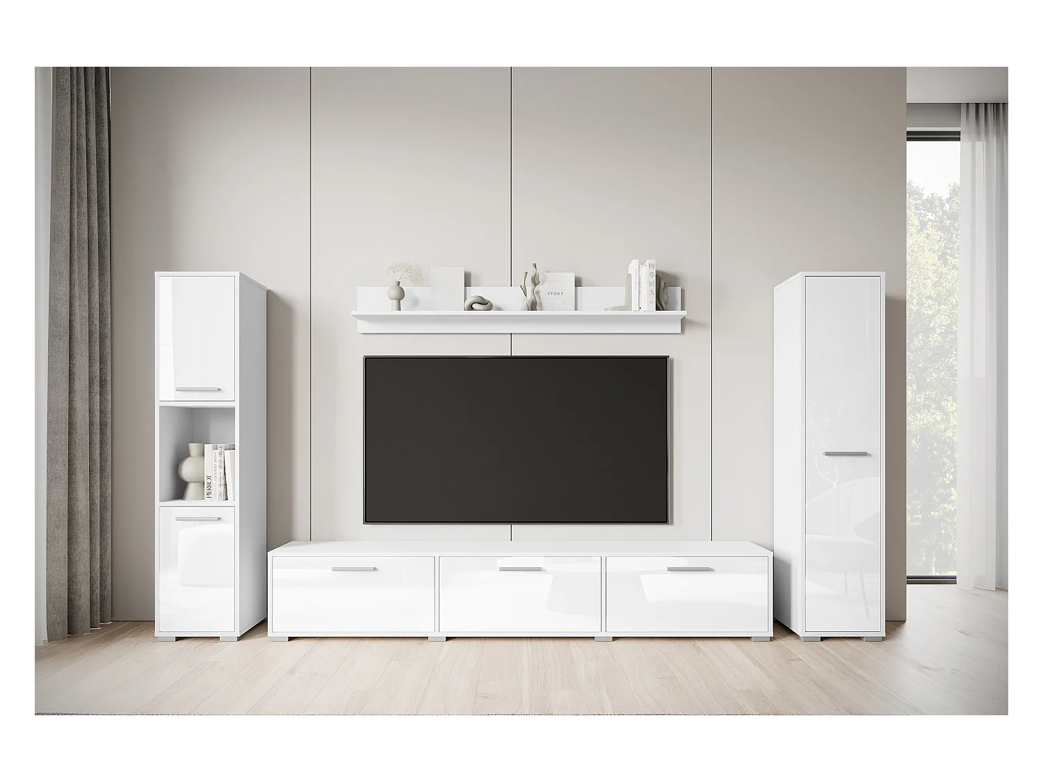 Moderne woonwand – hangend/staand, tv-meubel 180 cm, 2 kolomkasten, wandplank, corpus wit mat fronten wit hoogglans