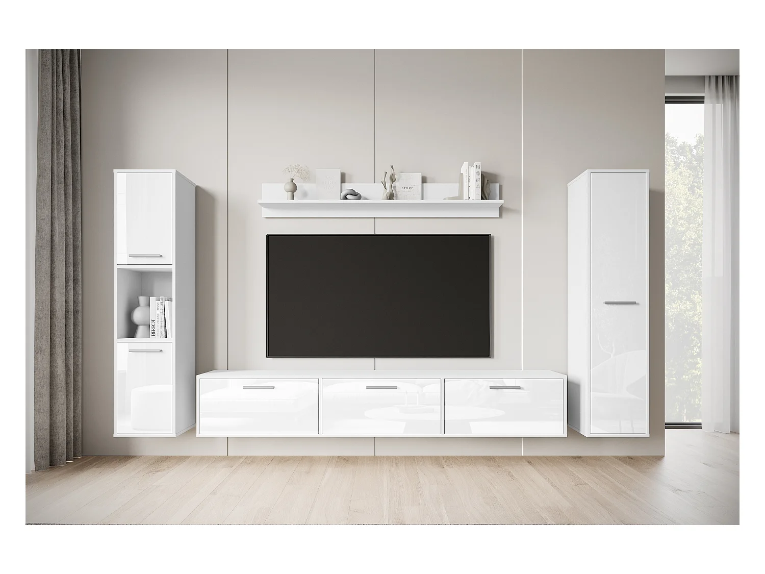 Moderne woonwand – hangend/staand, tv-meubel 180 cm, 2 kolomkasten, wandplank, corpus wit mat fronten wit hoogglans