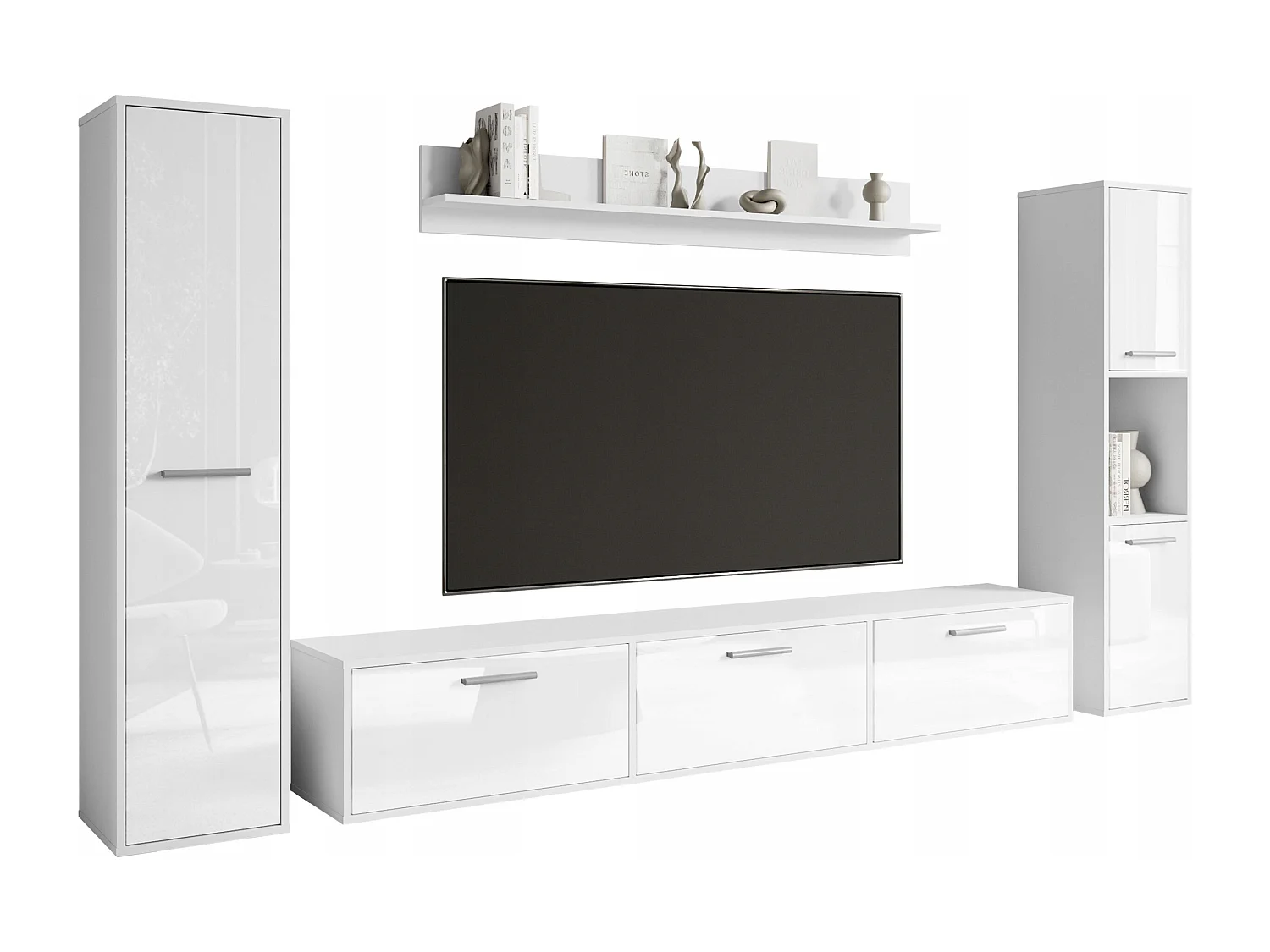 Moderne woonwand – hangend/staand, tv-meubel 180 cm, 2 kolomkasten, wandplank, corpus wit mat fronten wit hoogglans
