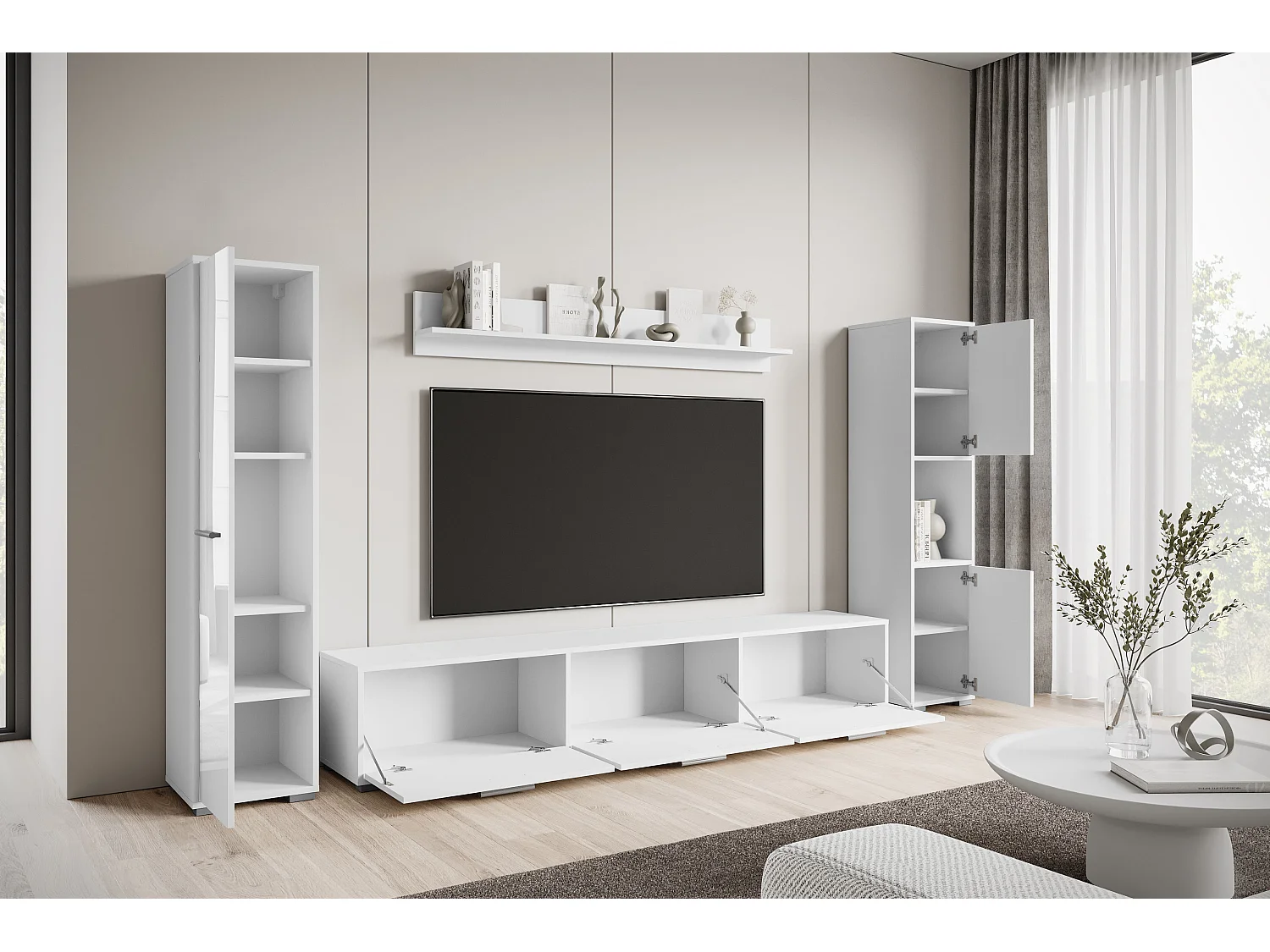 Moderne woonwand – hangend/staand, tv-meubel 180 cm, 2 kolomkasten, wandplank, corpus wit mat fronten wit hoogglans